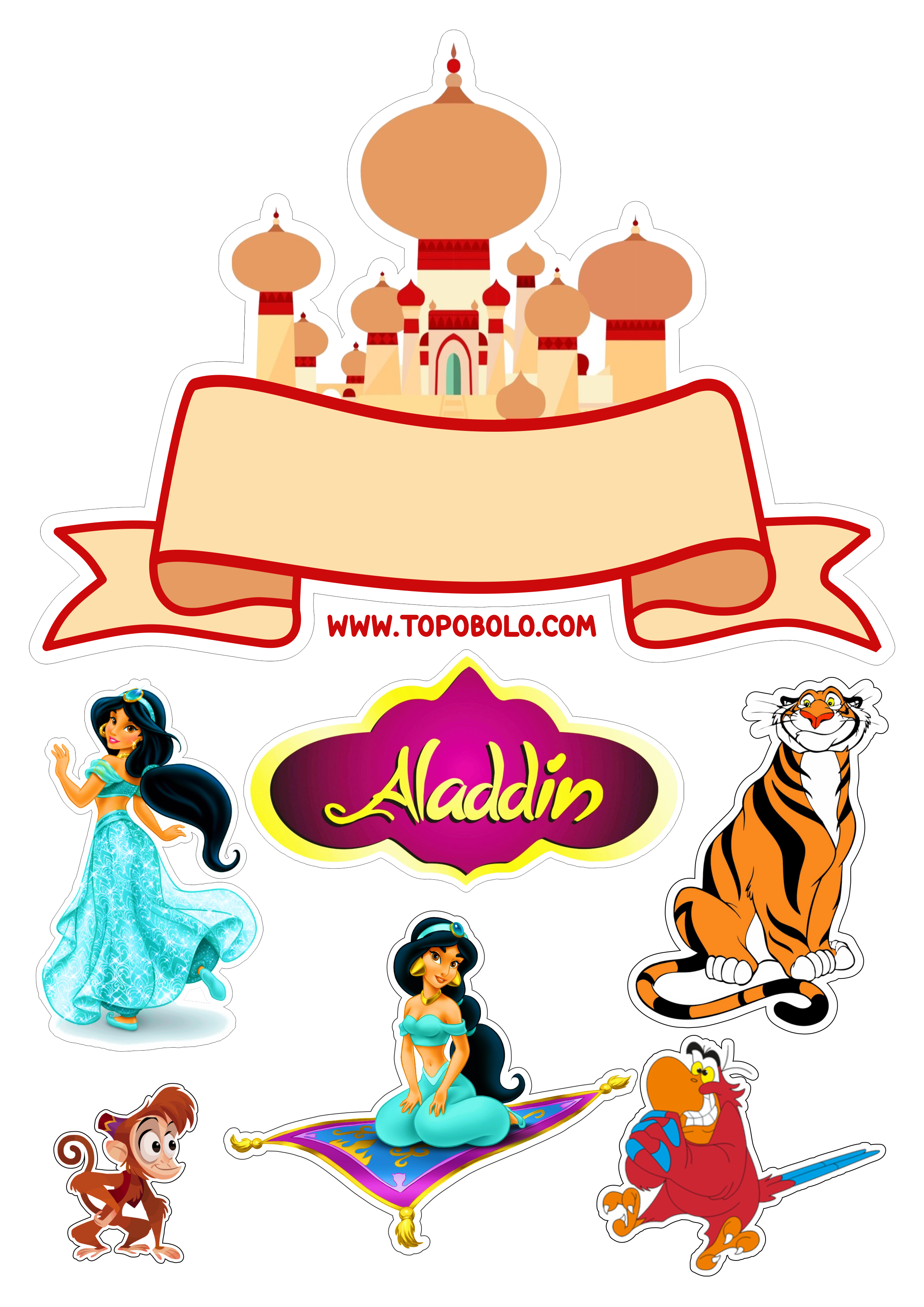 Topo de bolo para imprimir princesa Jasmine personagens Disney aniversário infantil png
