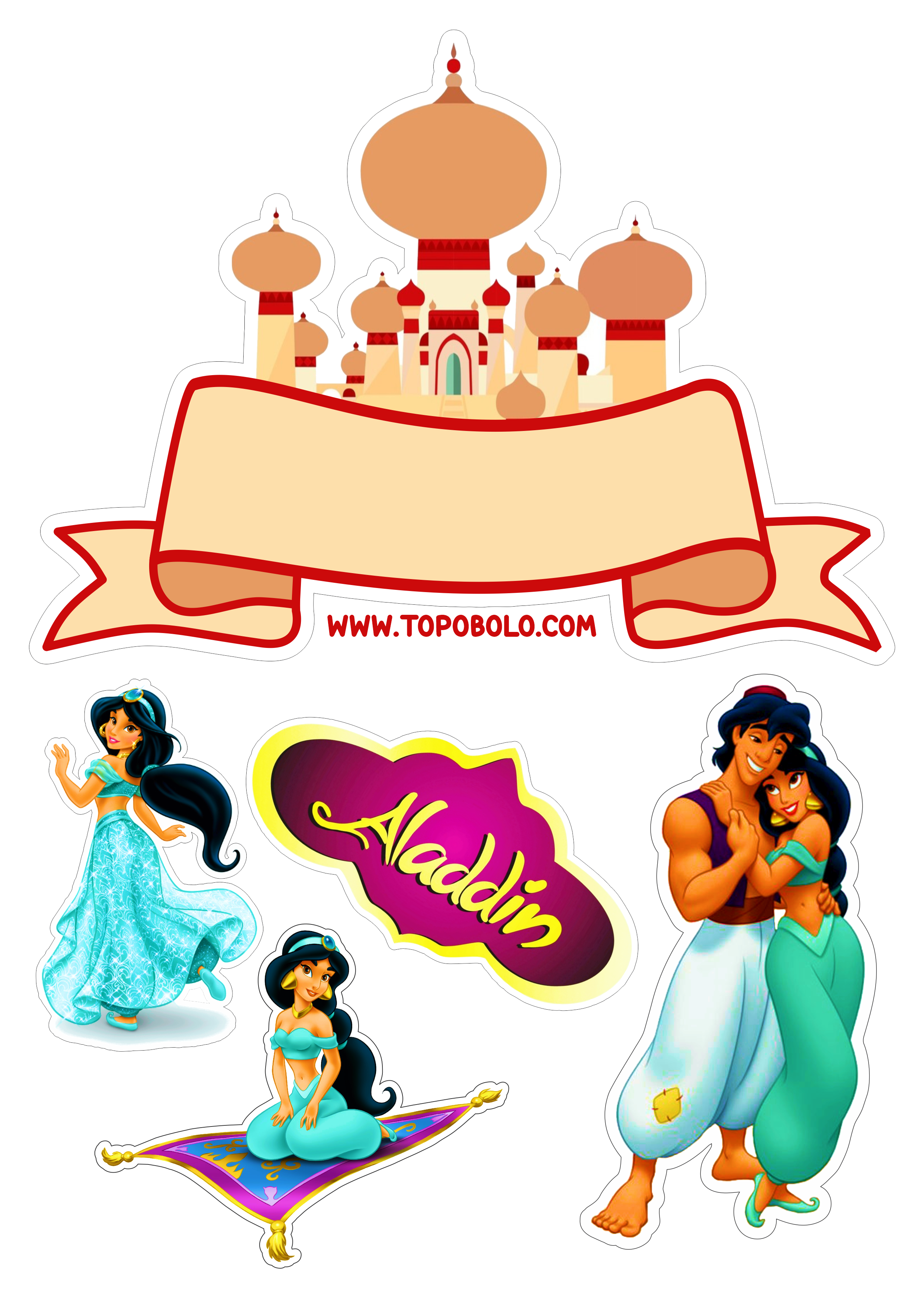 Aladdin e princesas Jasmine topo de bolo gênio iago abu rajah png