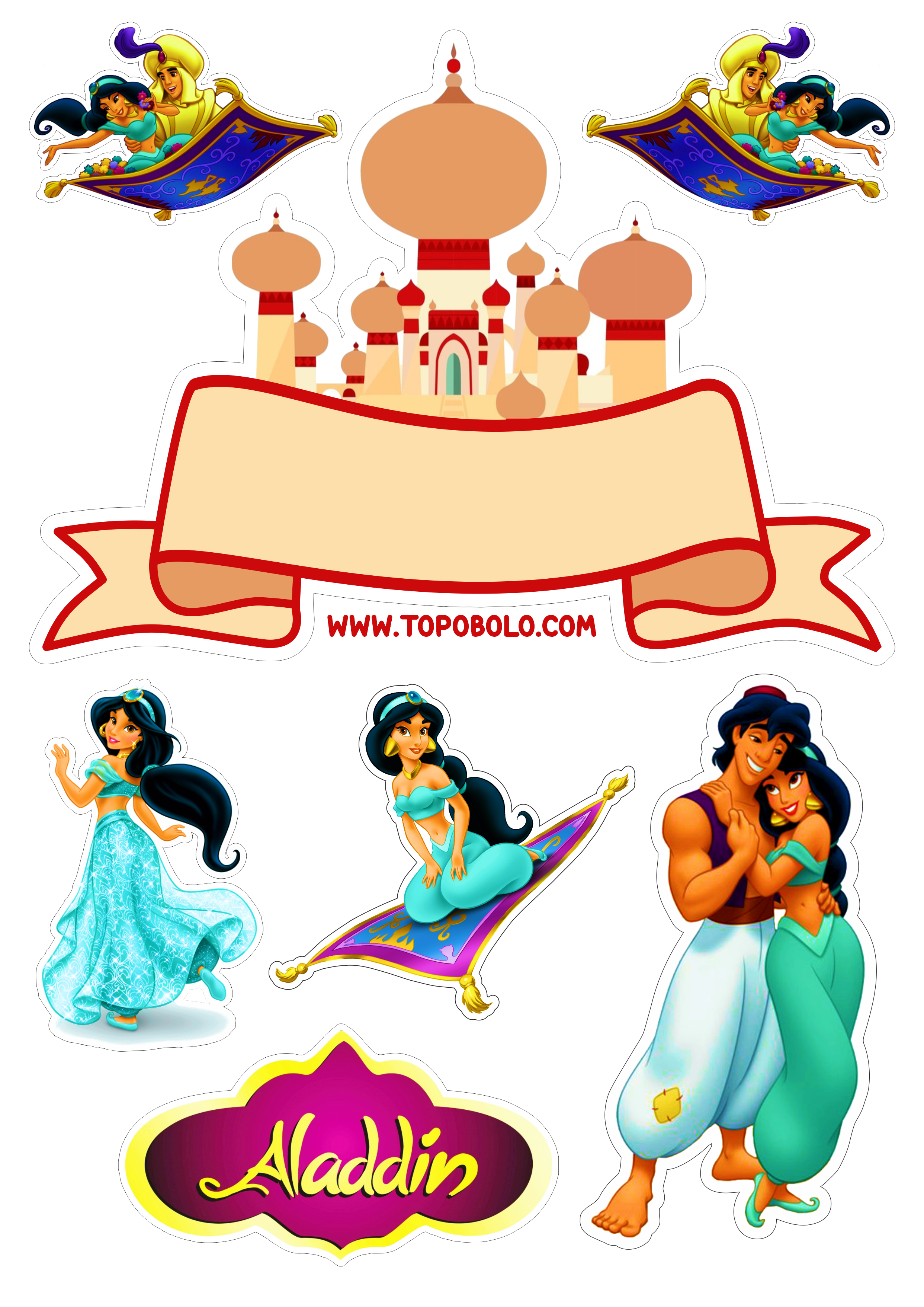 Aladdin e princesa Jasmine Disney topo de bolo png