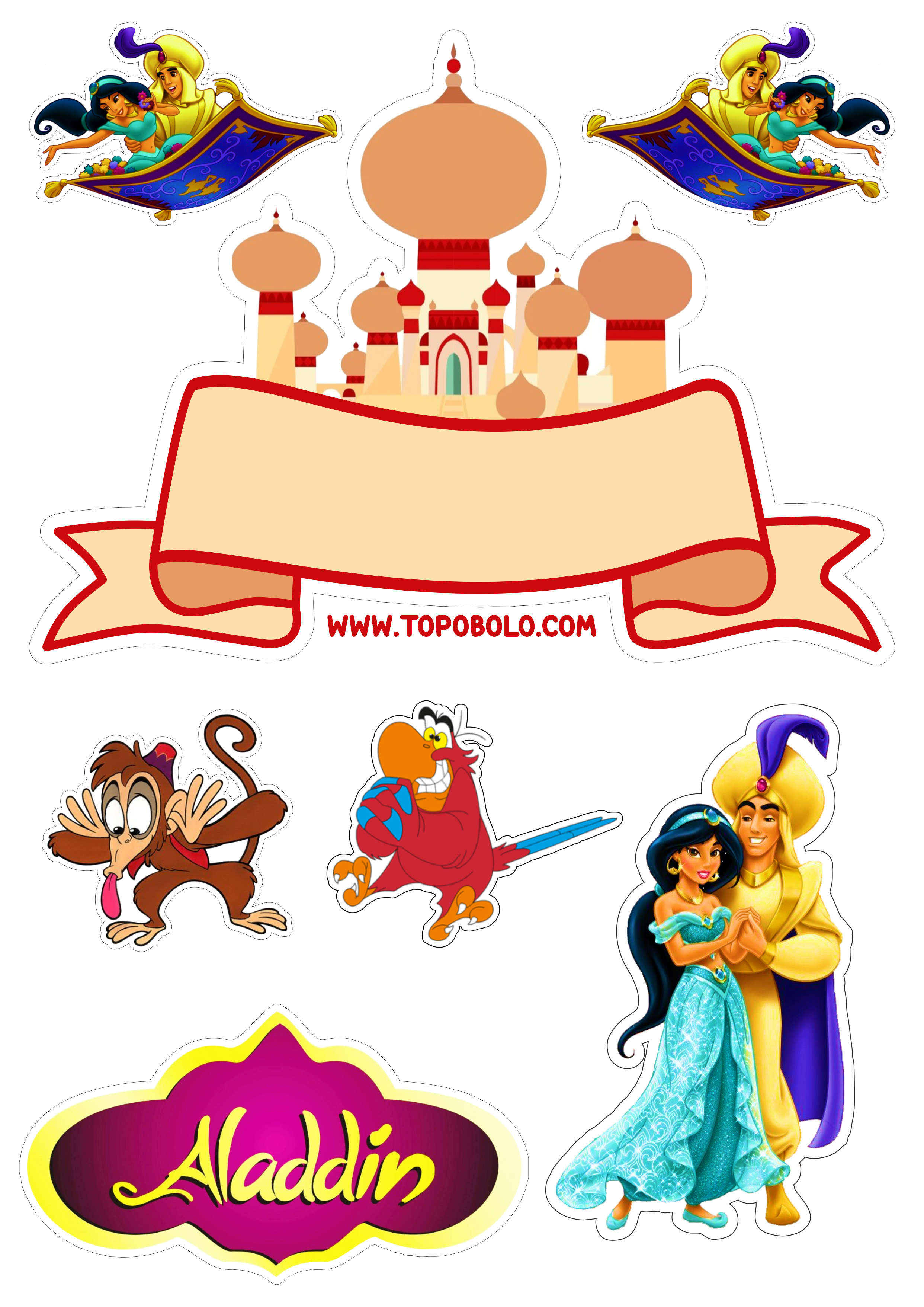 Aladdin e princesa Jasmine Disney topo de bolo festa de aniversário infantil png
