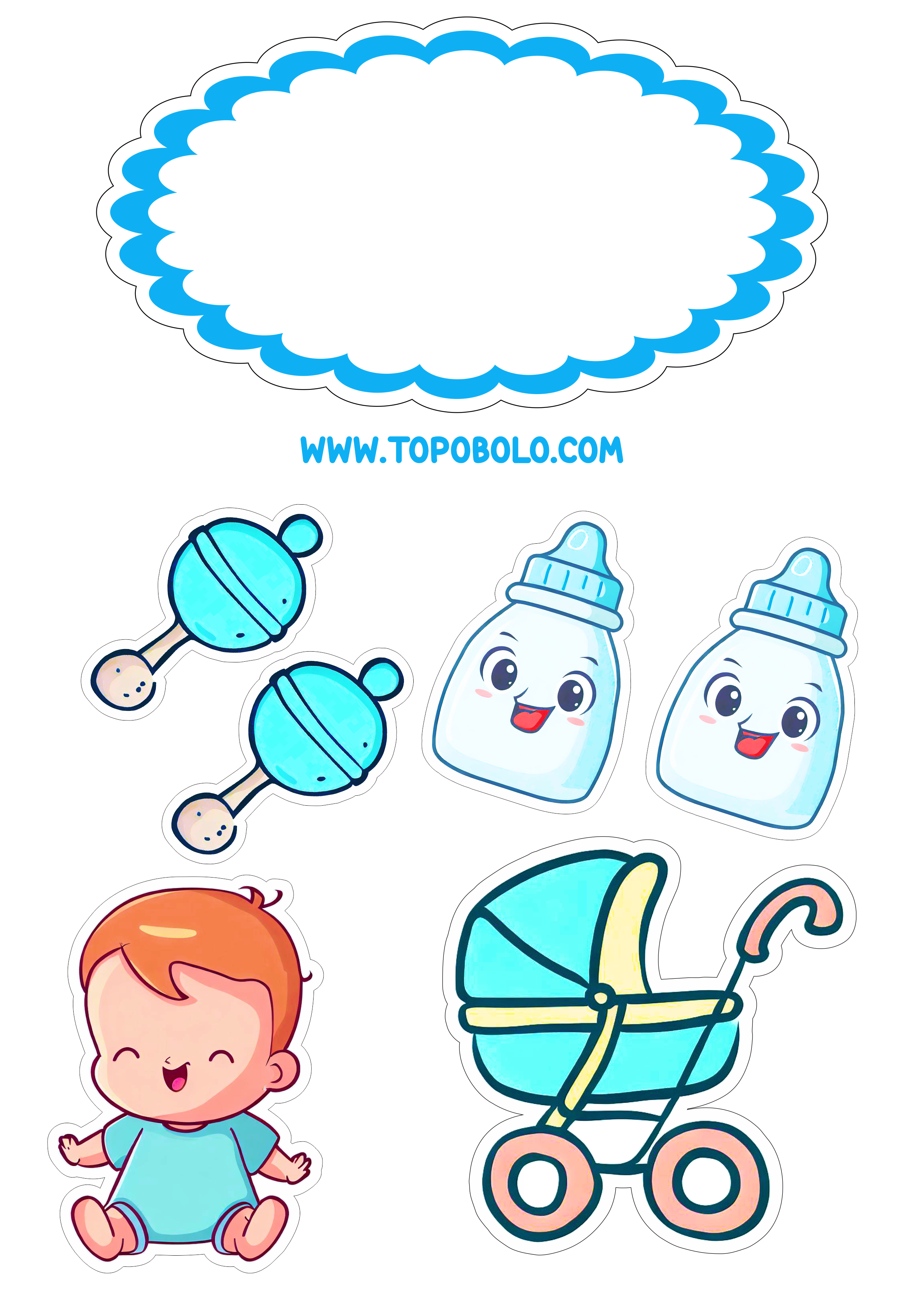 Topo de bolo para imprimir mesversário menino azul carrinho de bebê png