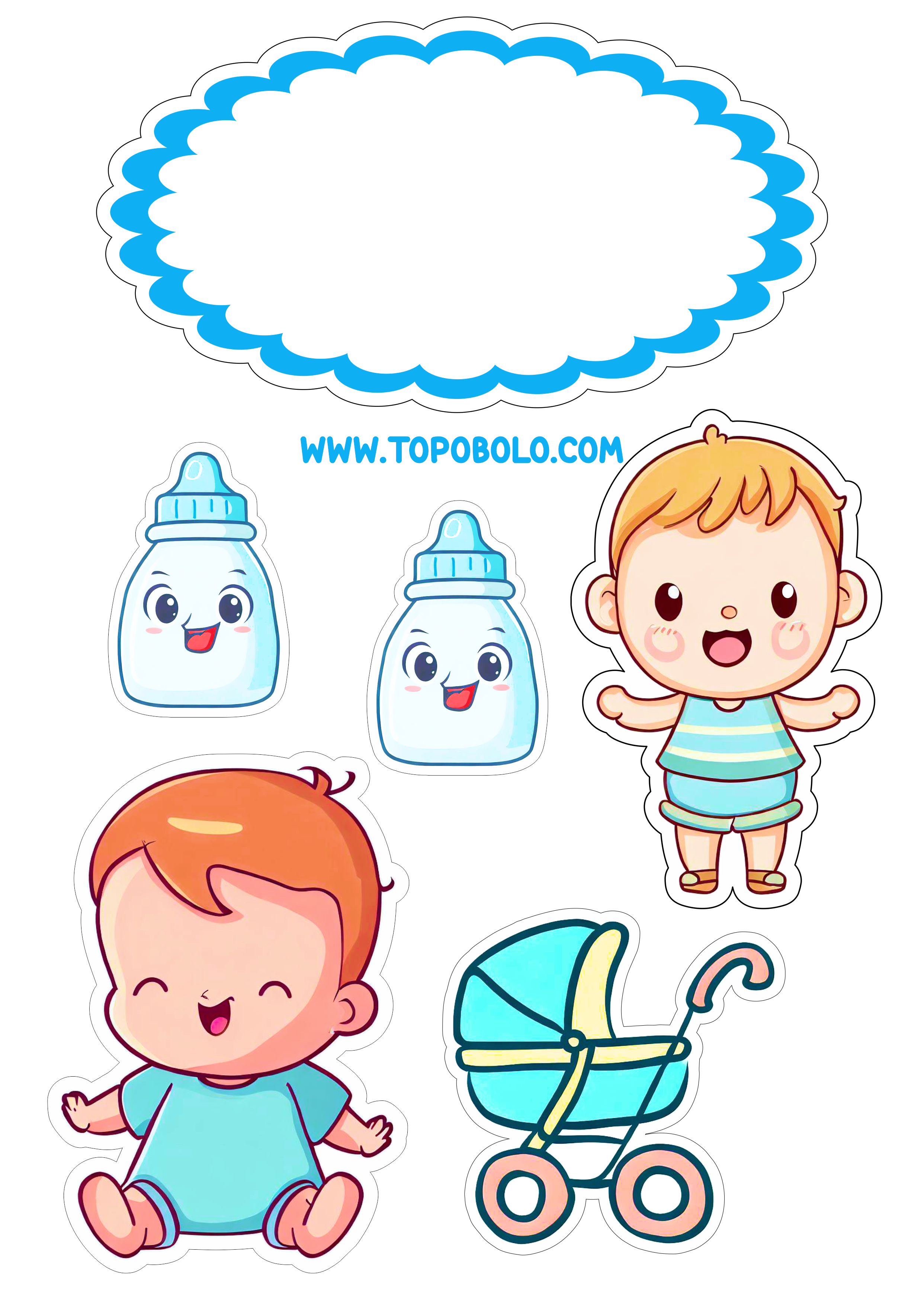 Topo de bolo para imprimir mesversário menino azul carrinho de bebê mamadeira png