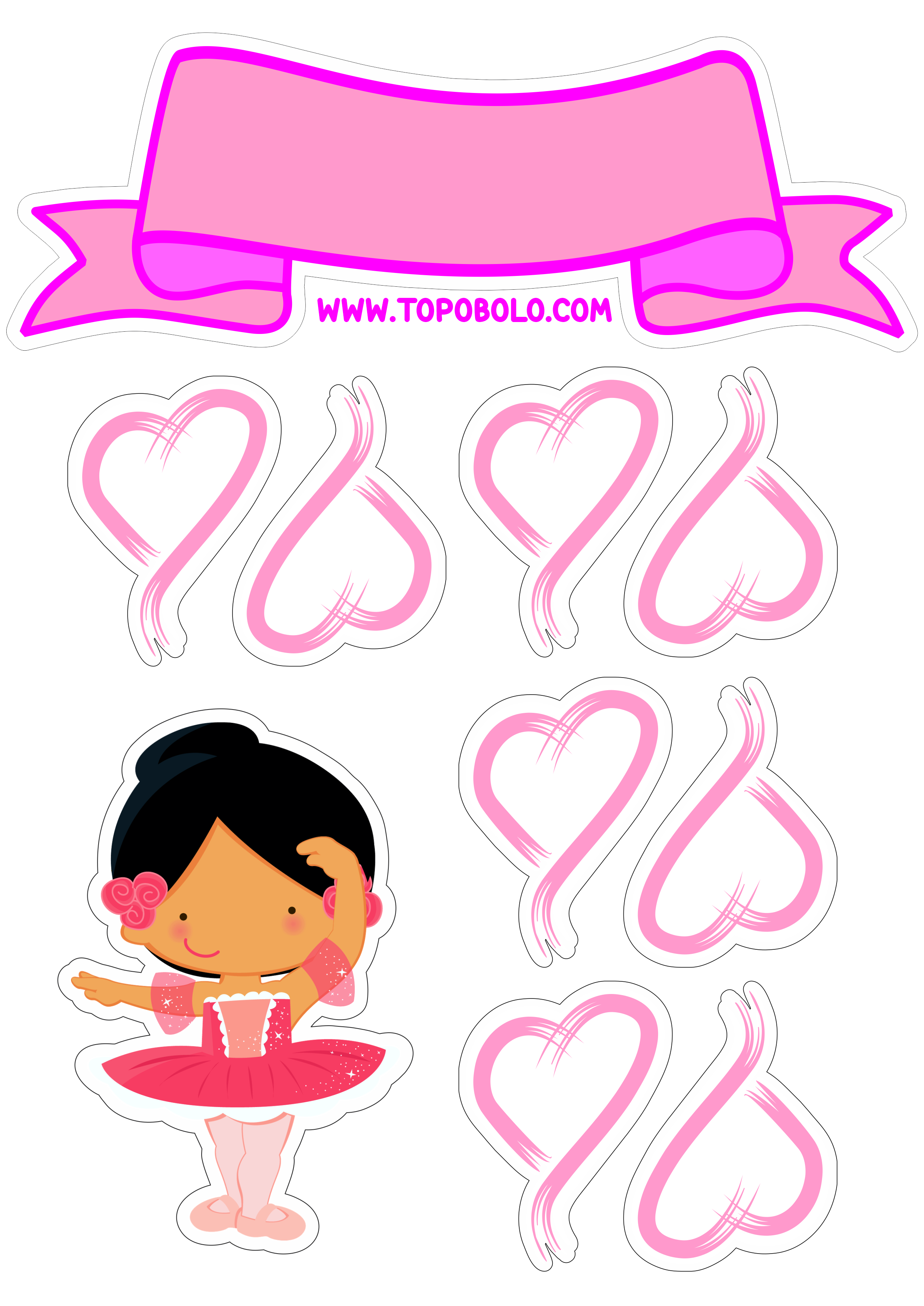 Topo de bolo para imprimir bailarina rosa com corações png