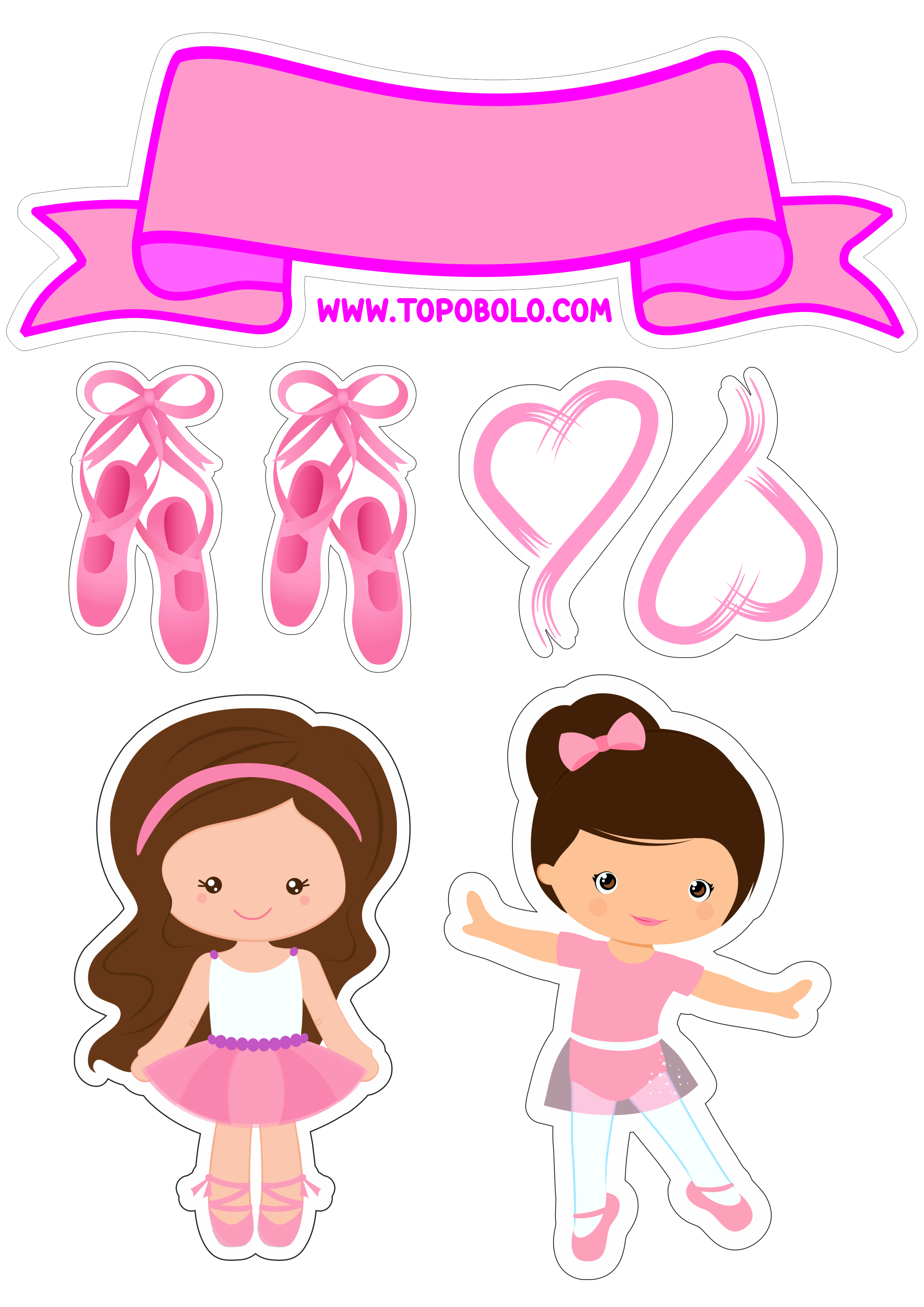 Topo de bolo para imprimir bailarina rosa com corações aniversário infantil para meninas png