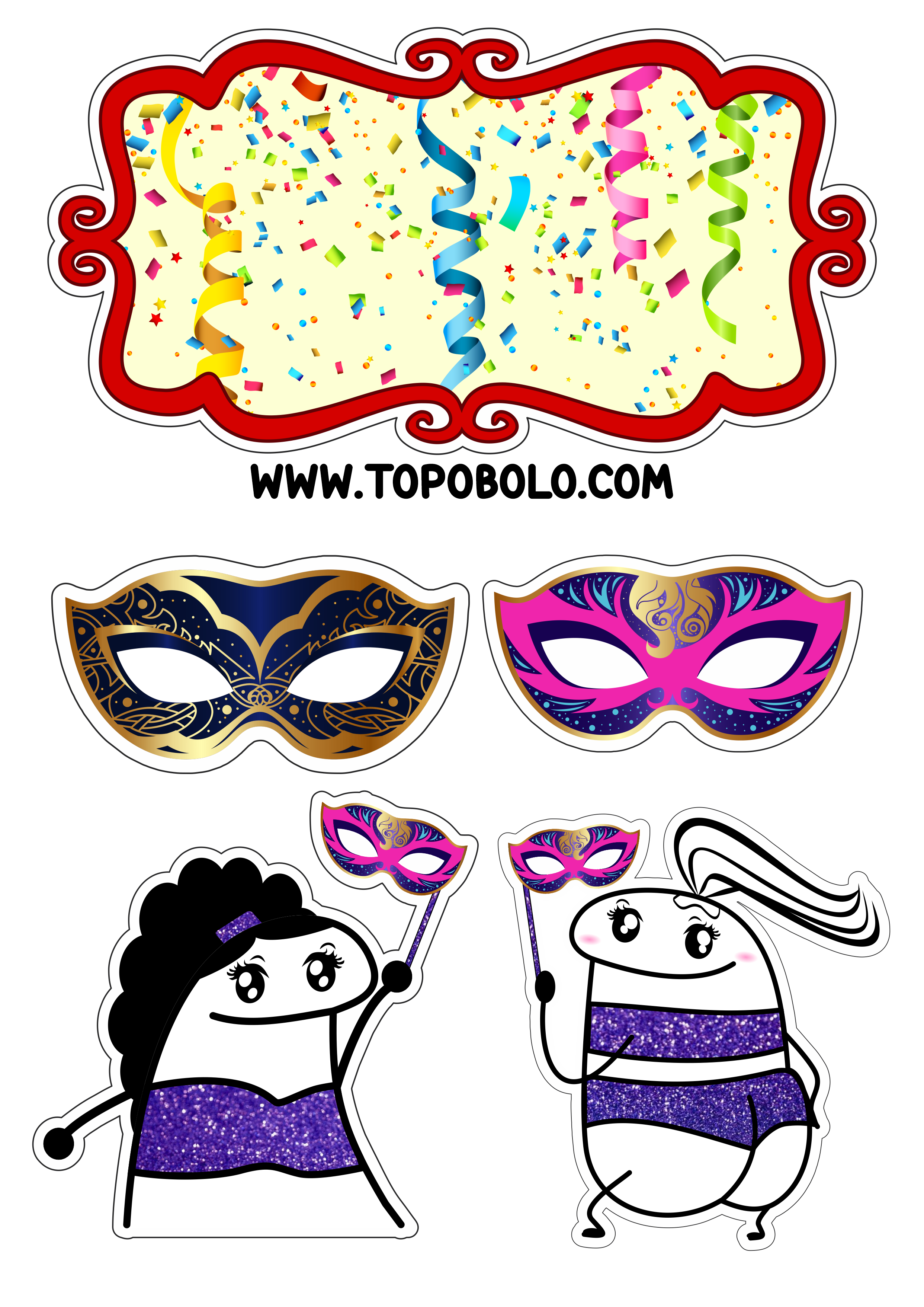 Carnaval topo de bolo flork of cows frases engraçadas baile de máscaras figurinhas png
