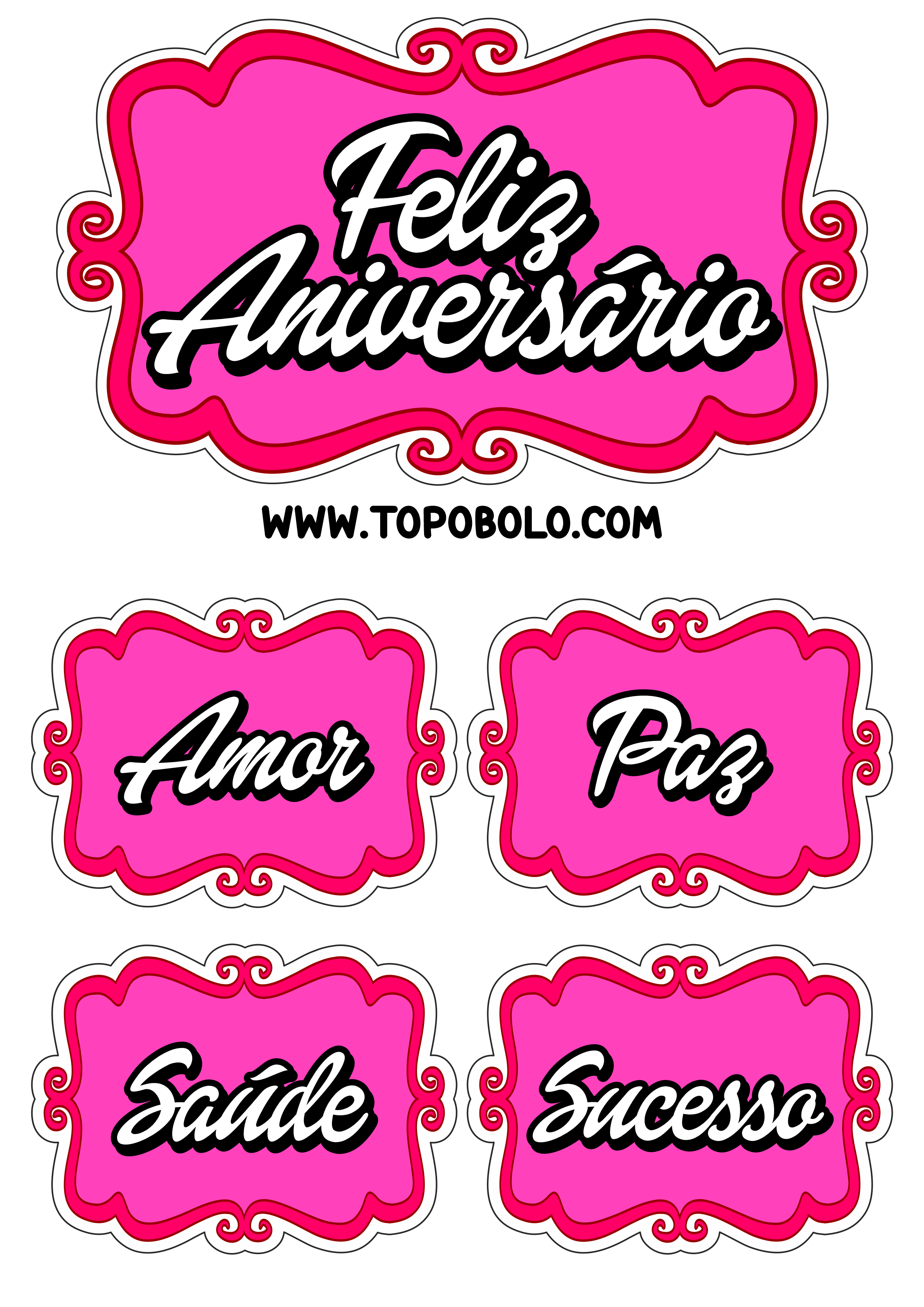 Topo de bolo para imprimir feliz aniversário amor paz saúde e sucesso rosa escuro png