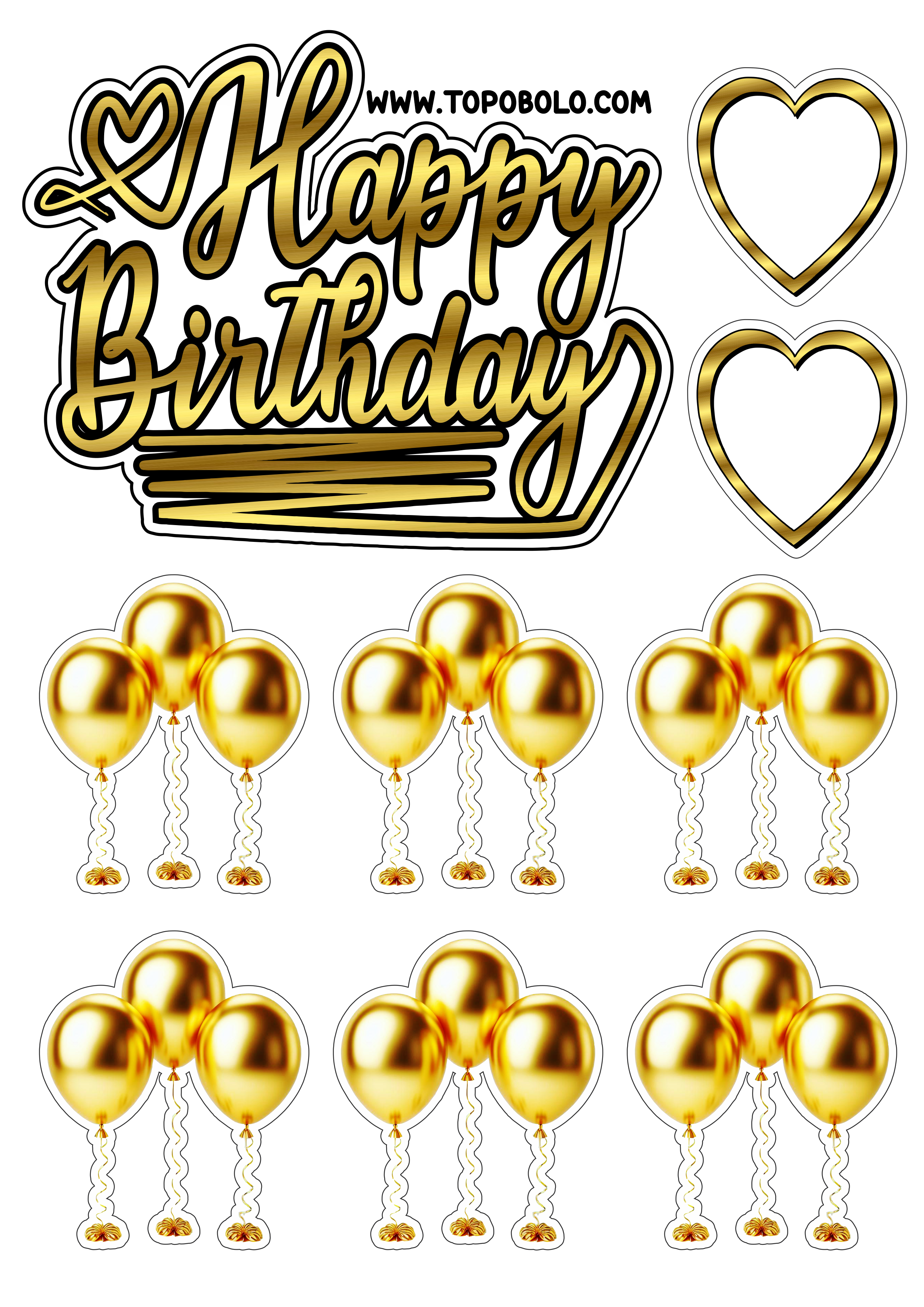 Topo de bolo para imprimir Happy Birthday aniversário dourado png
