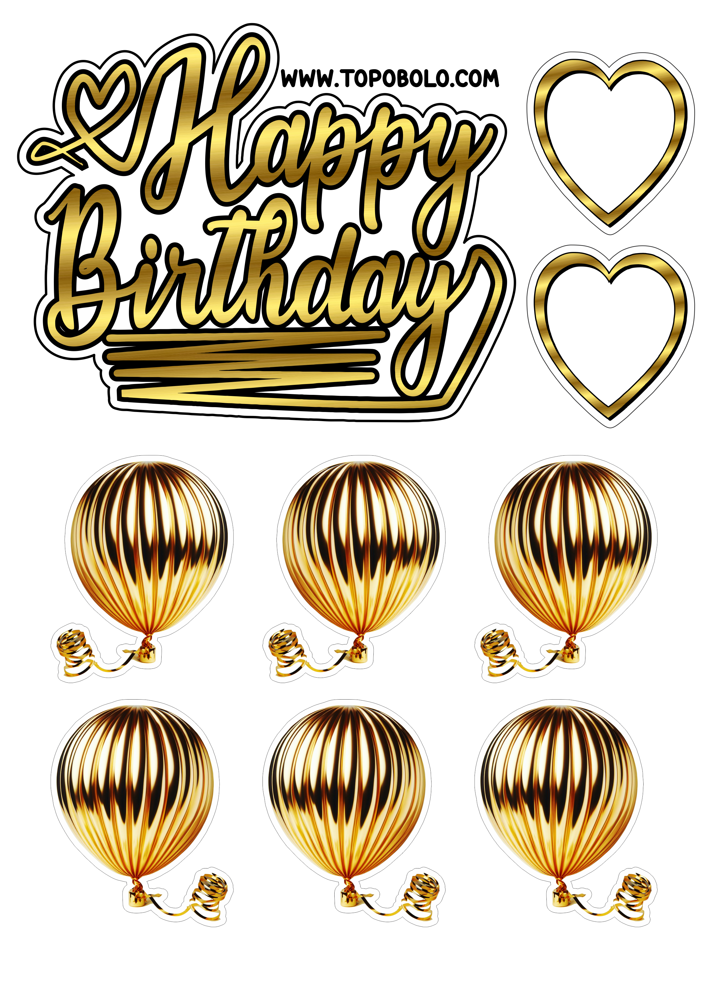 Topo de bolo para imprimir Happy Birthday aniversário dourado com corações png