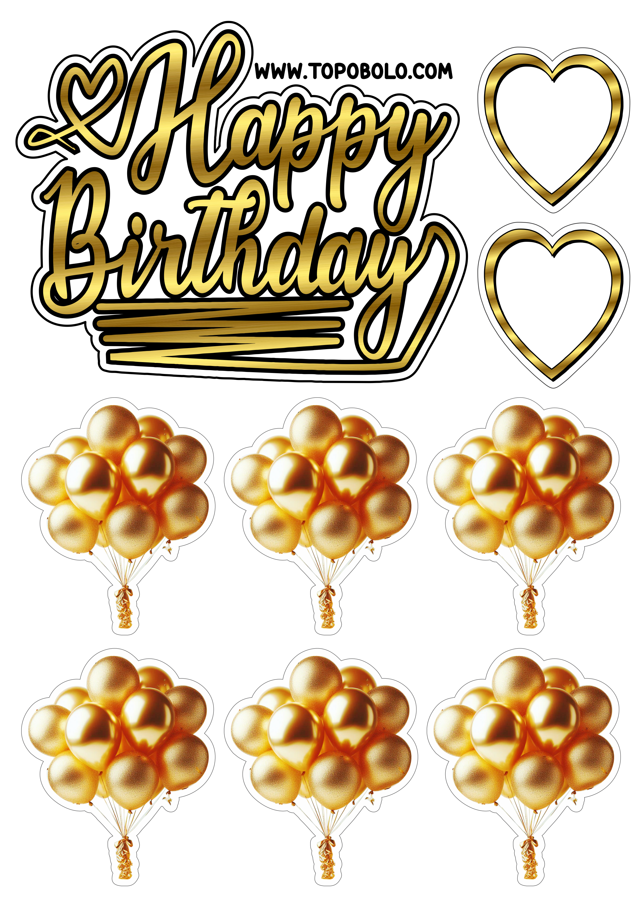 Topo de bolo para imprimir Happy Birthday aniversário dourado com corações e balões png
