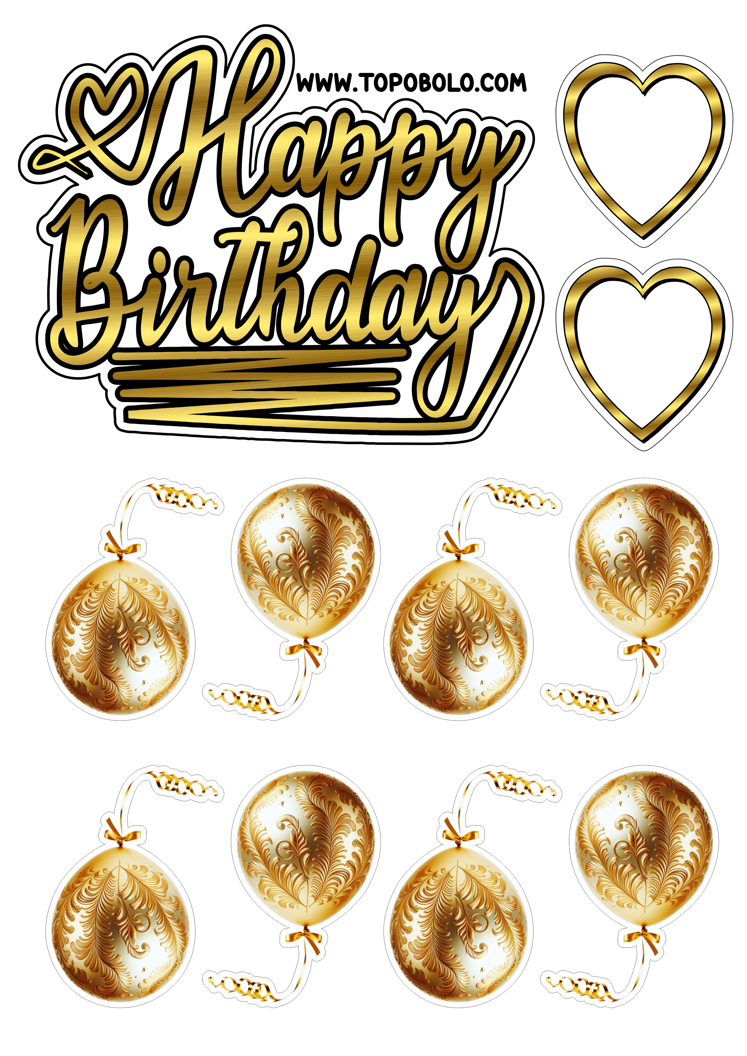 Topo de bolo para imprimir Happy Birthday aniversário dourado com corações e balões hora da festa png