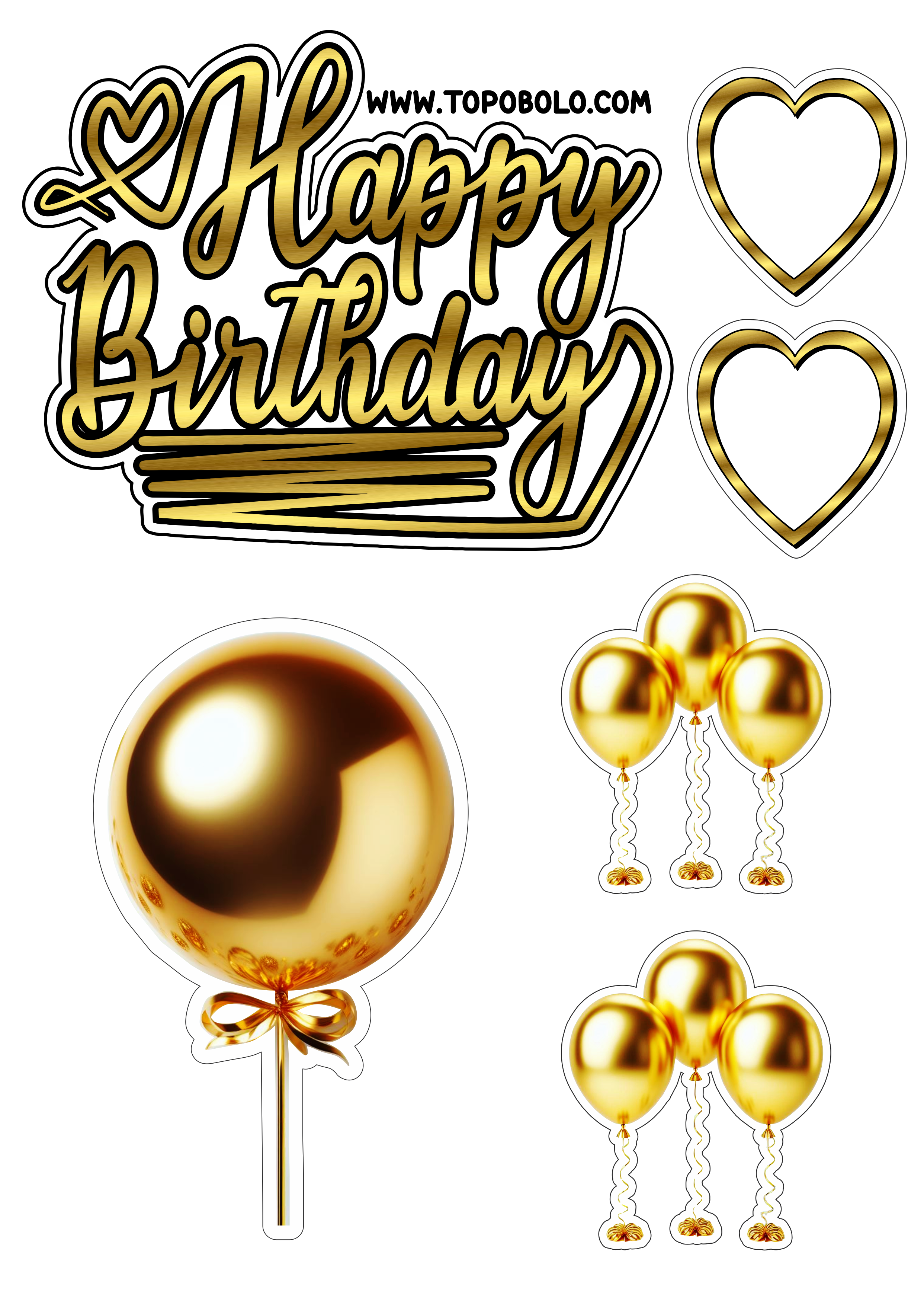 Topo de bolo para imprimir Happy Birthday aniversário dourado com corações e balões artigos de confeitaria png