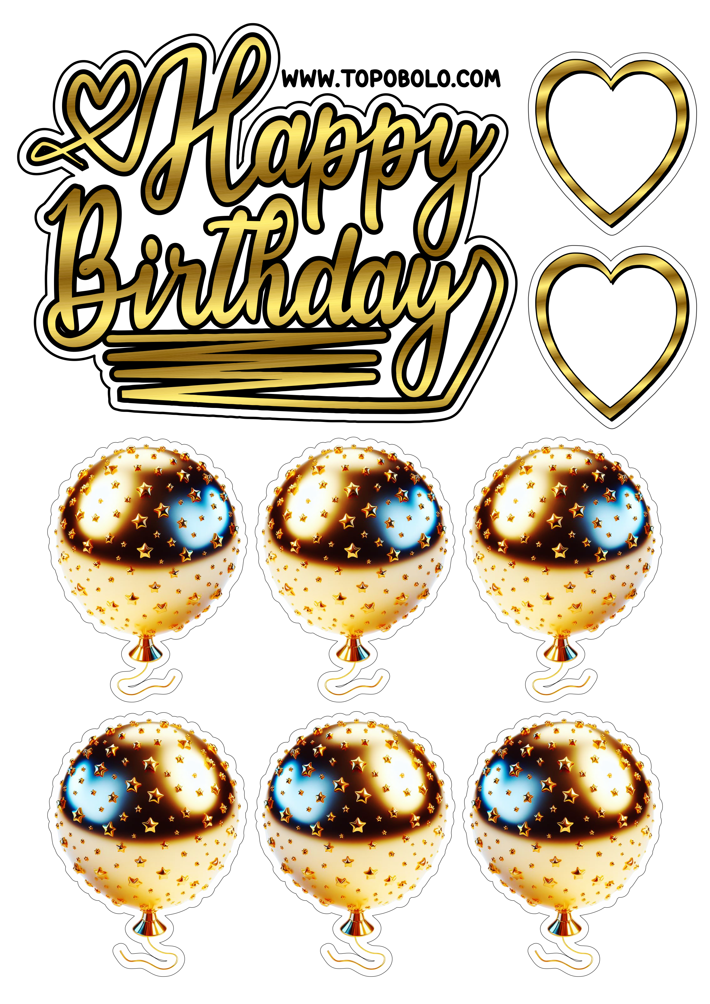 Topo de bolo para imprimir Happy Birthday aniversário dourado com corações e balões artigos personalizados png