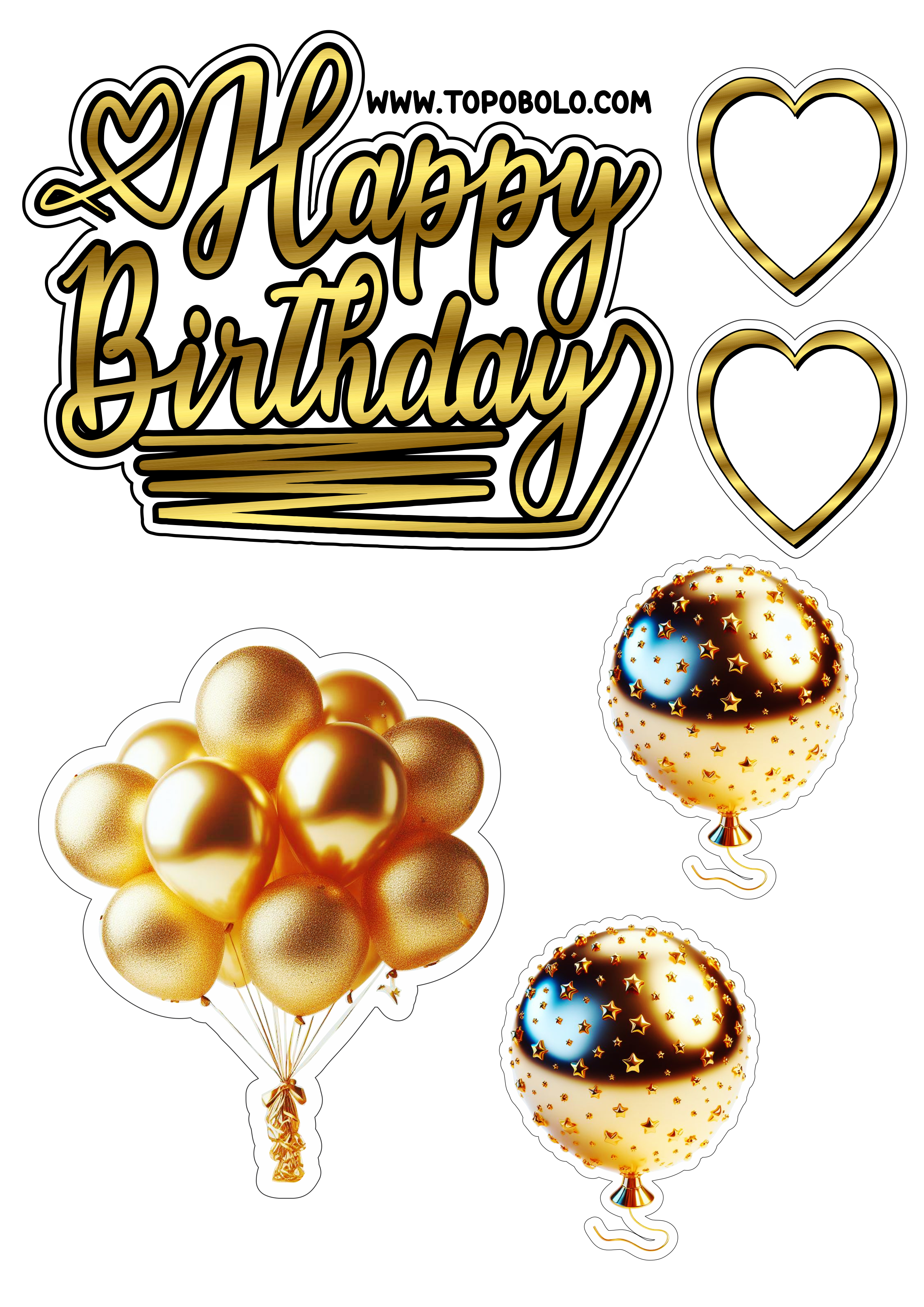Topo de bolo para imprimir Happy Birthday aniversário dourado com corações e balões artigos personalizados grátis png