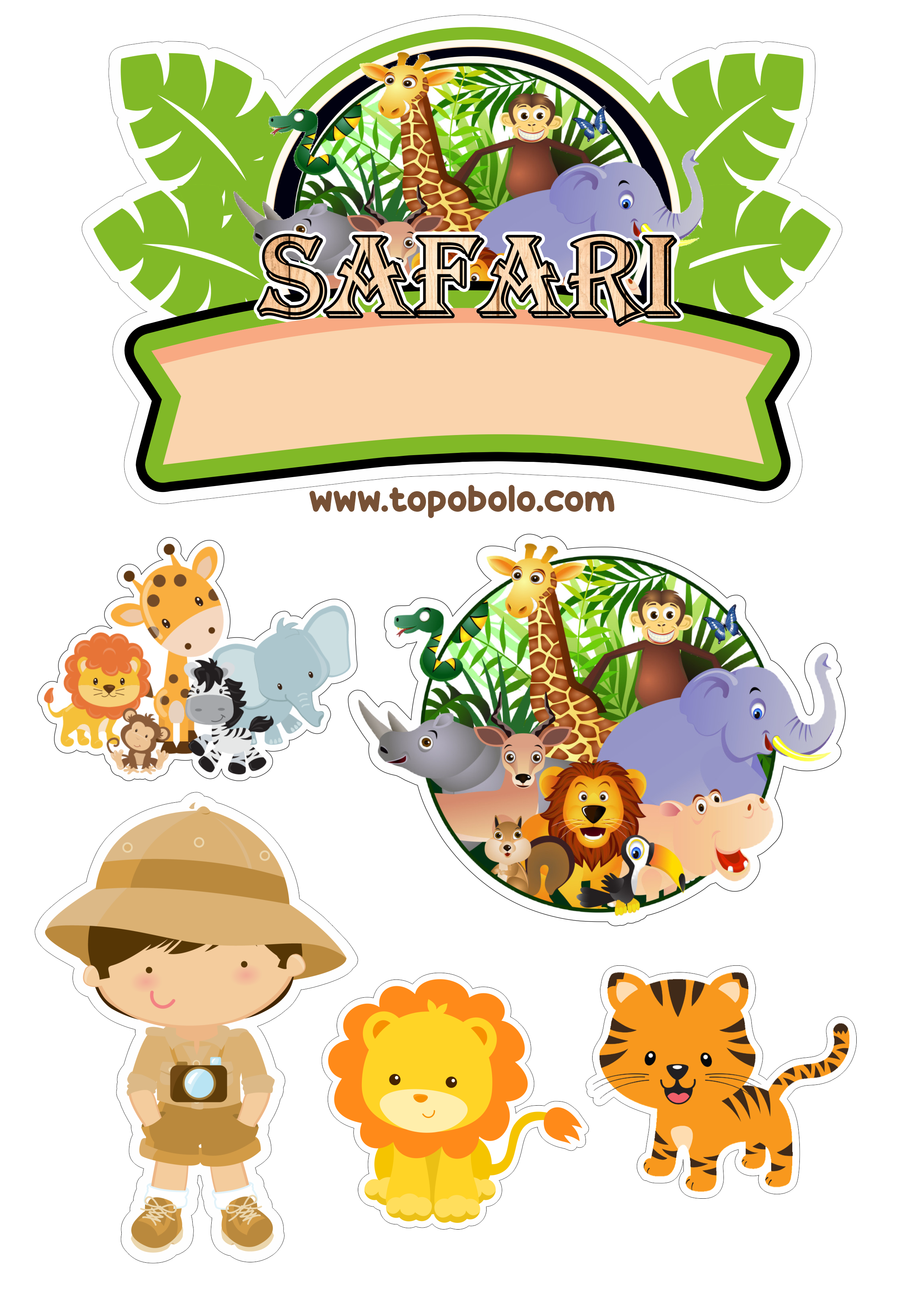 Topo de bolo para imprimir Safari de animais festa de aniversário infantil png