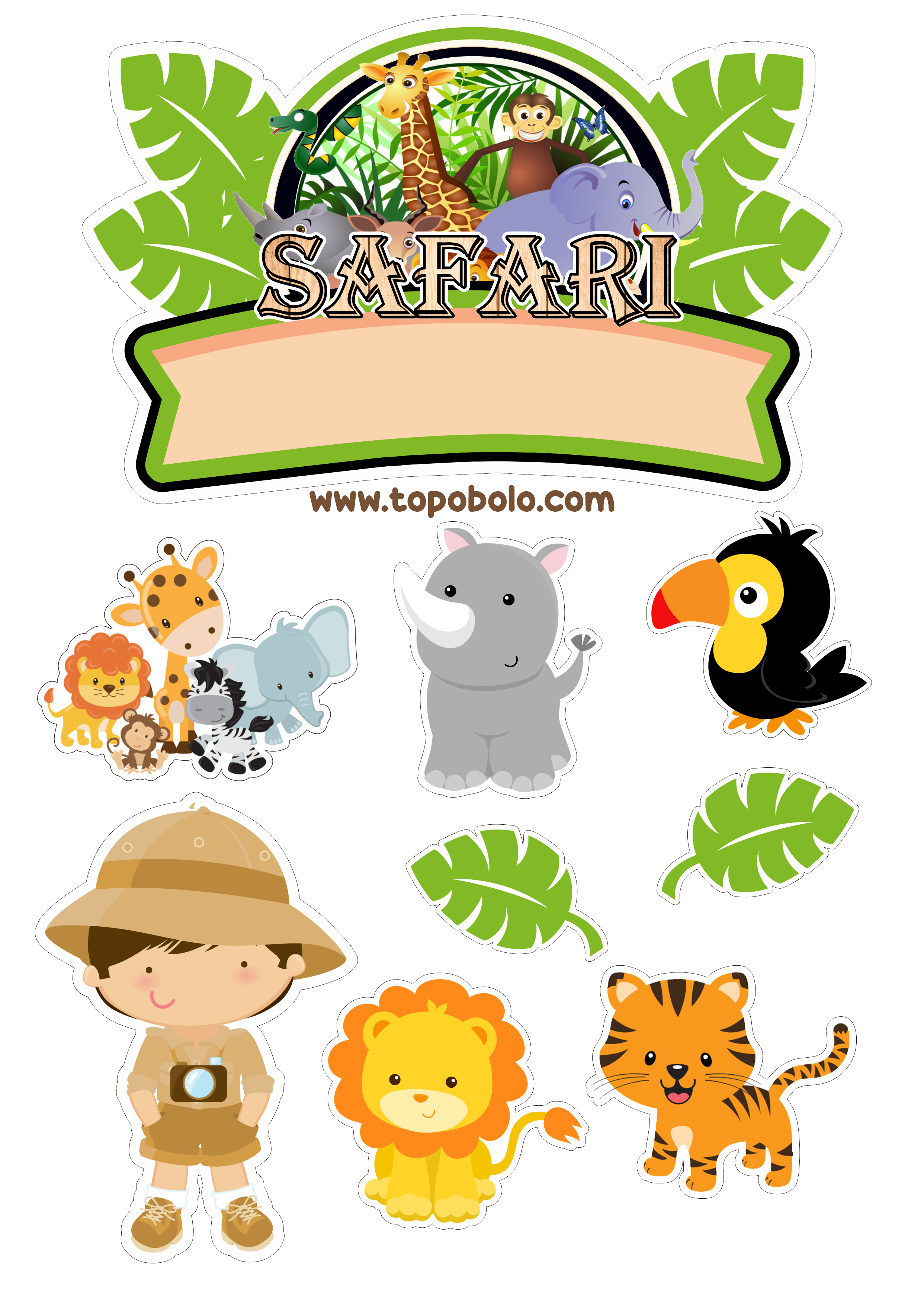 Topo de bolo para imprimir Safari de animais festa de aniversário infantil bichinhos png