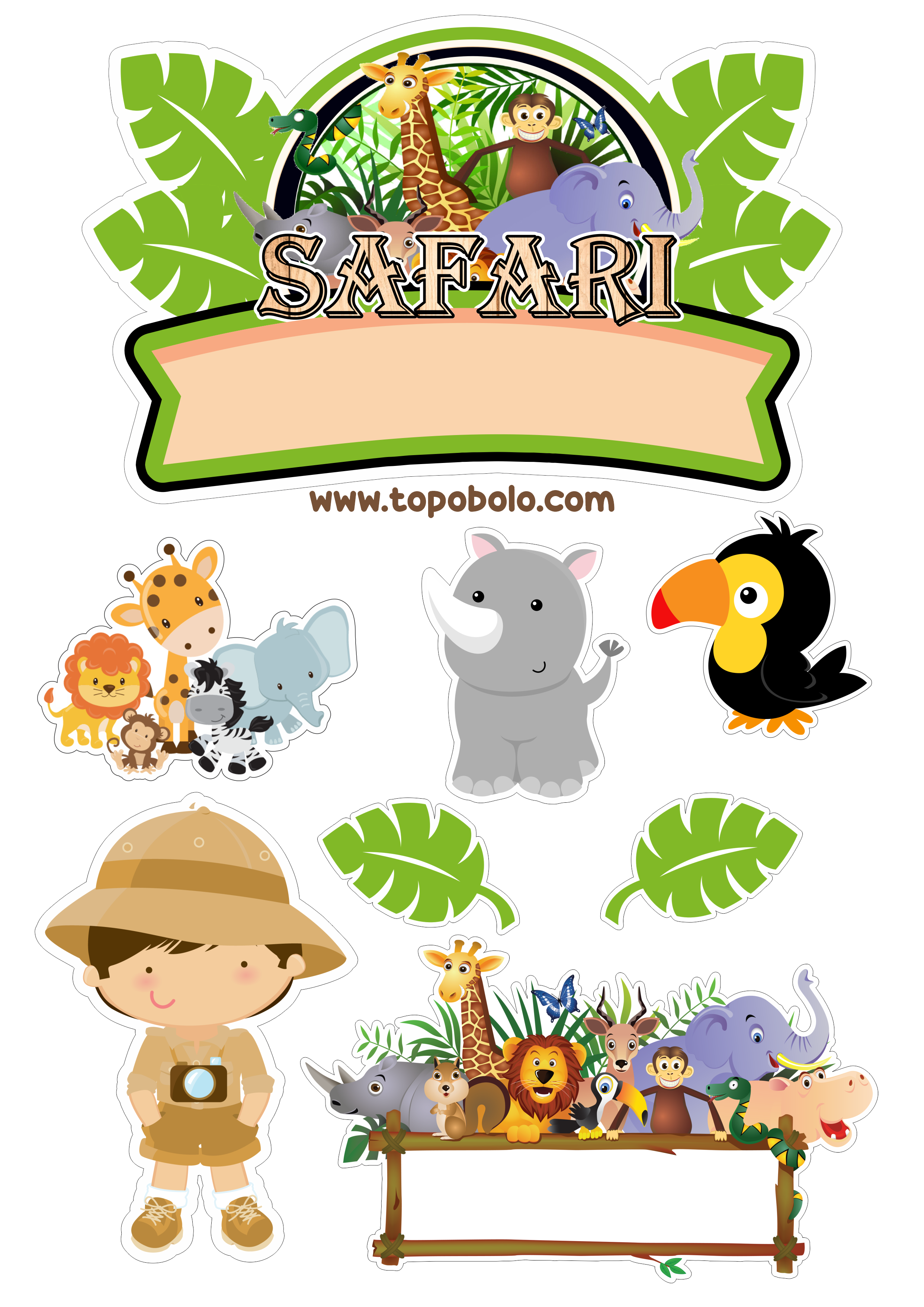 Topo de bolo para imprimir Safari de animais festa de aniversário infantil bichinhos artigos personalizados png