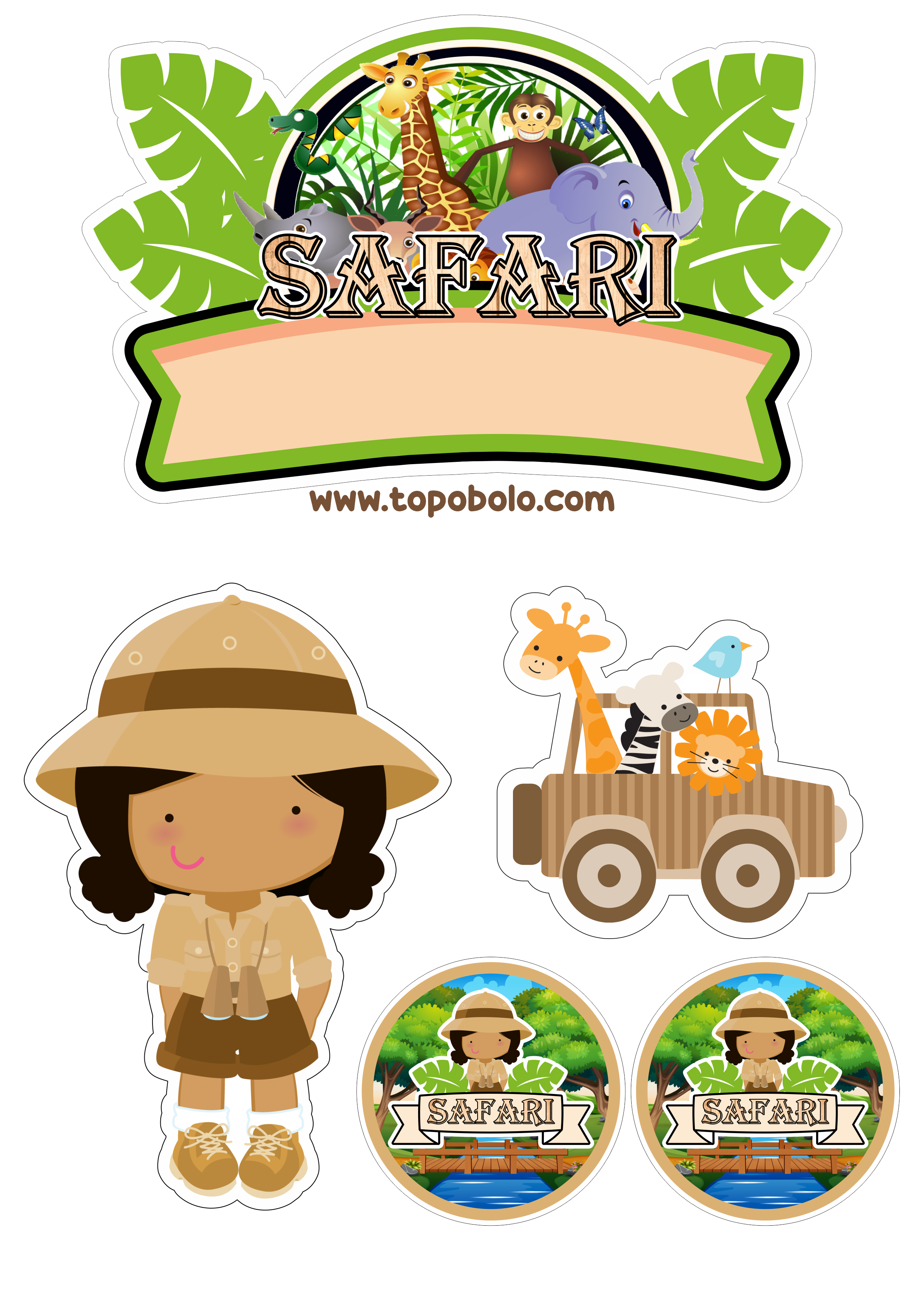 Topo de bolo para imprimir Safari de animais festa de aniversário infantil bichinhos artigos para festa png