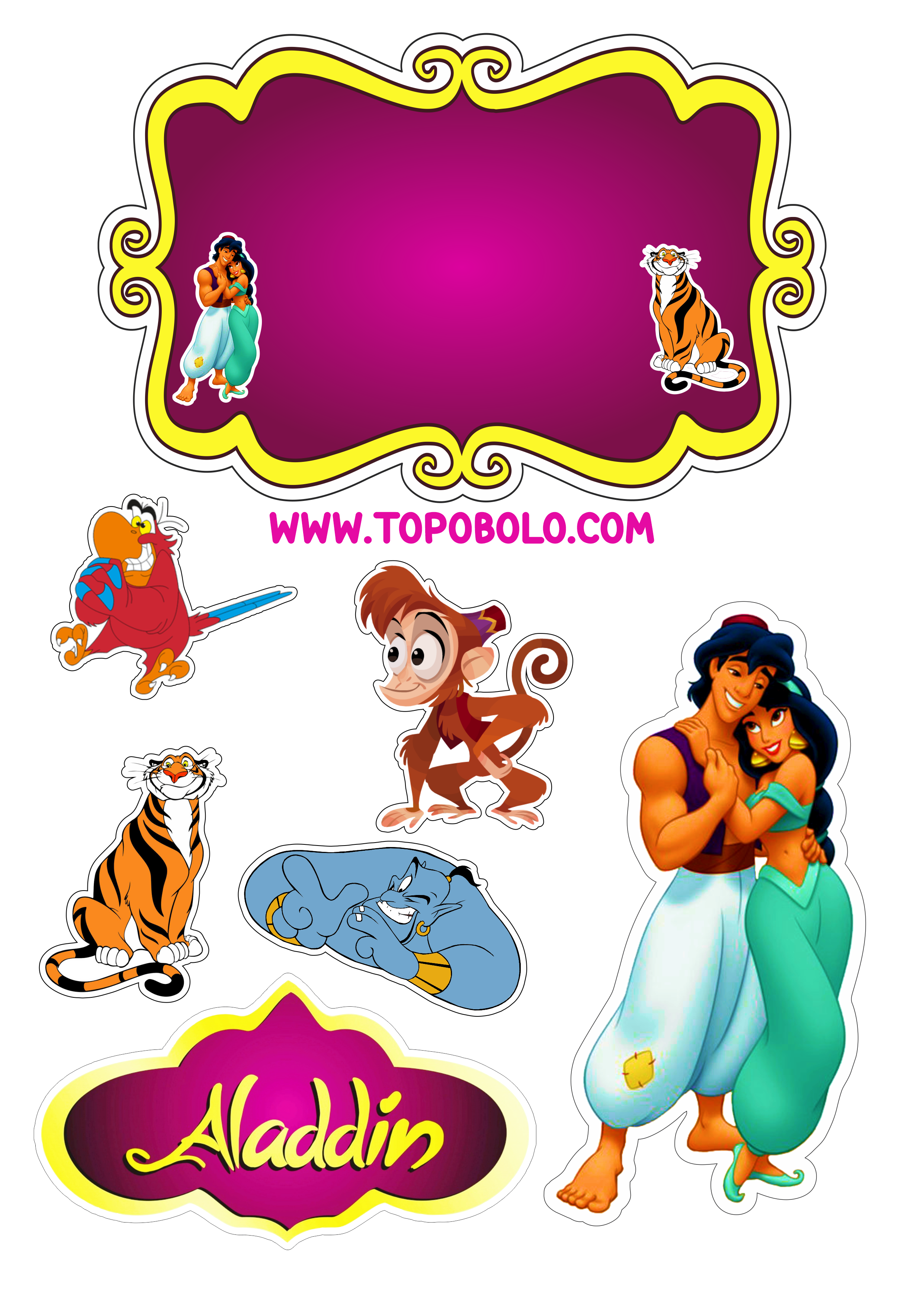 Aladdin e princesa Jasmine Disney topo de bolo festa de aniversário infantil Abu Iago Rajah desenho infantil png