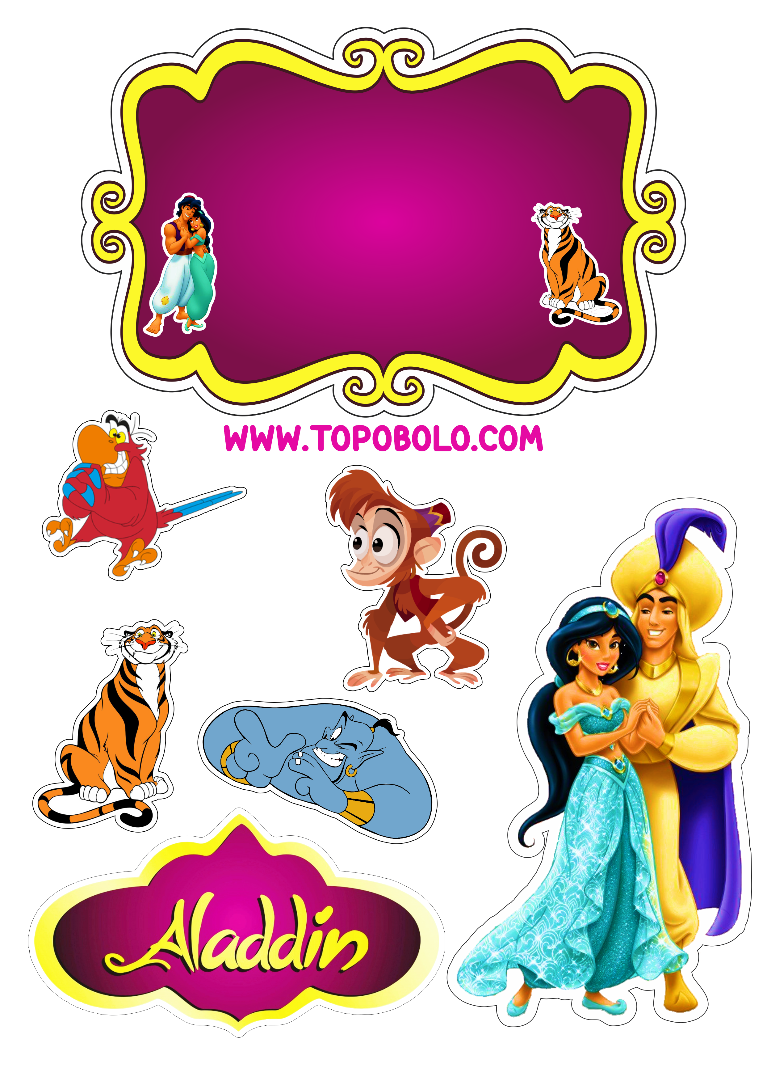 Aladdin e princesa Jasmine Disney topo de bolo festa de aniversário infantil Abu Iago Rajah desenho infantil personagens png