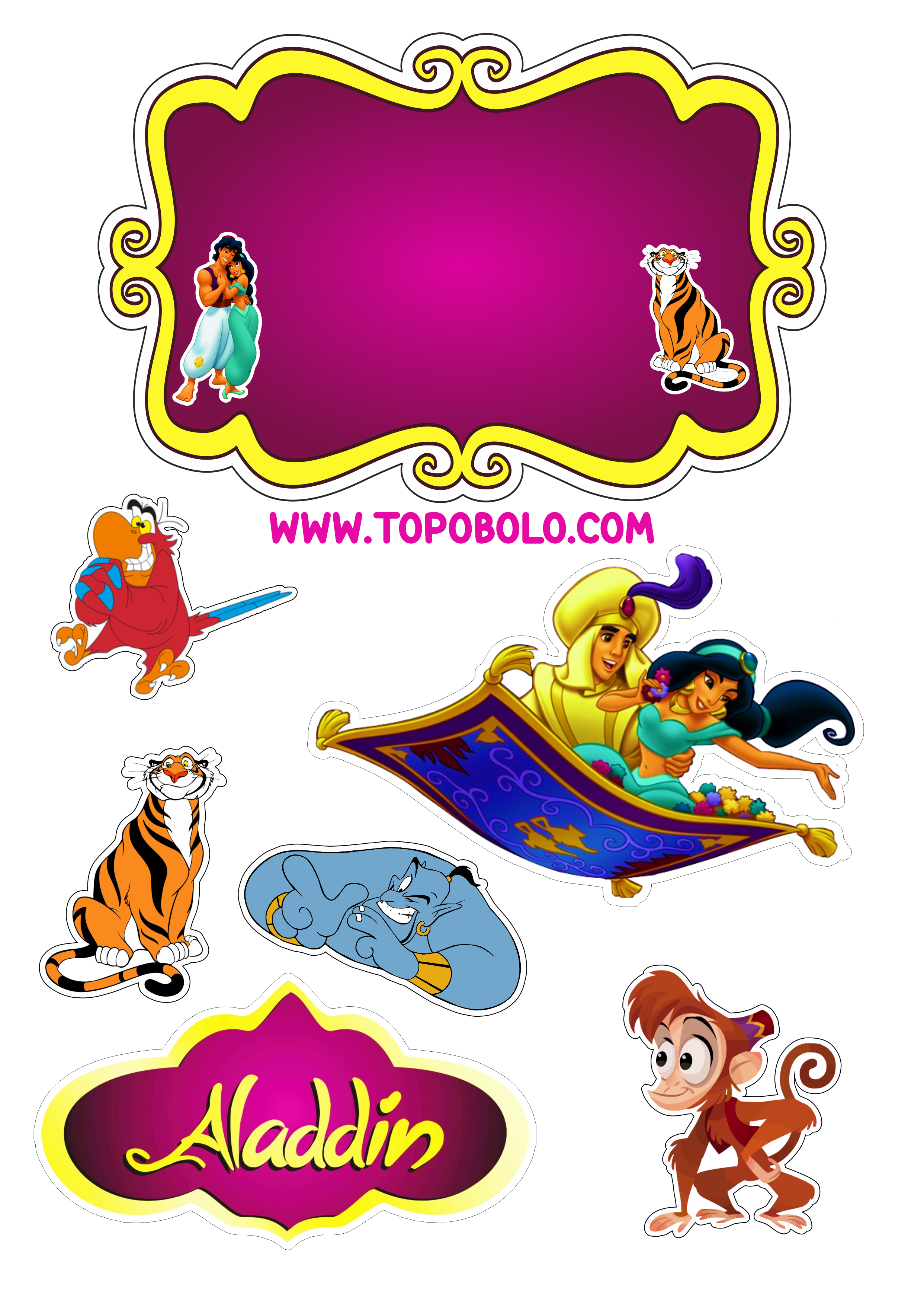 Aladdin e princesa Jasmine Disney topo de bolo festa de aniversário infantil Abu Iago Rajah desenho infantil artes gráficas png