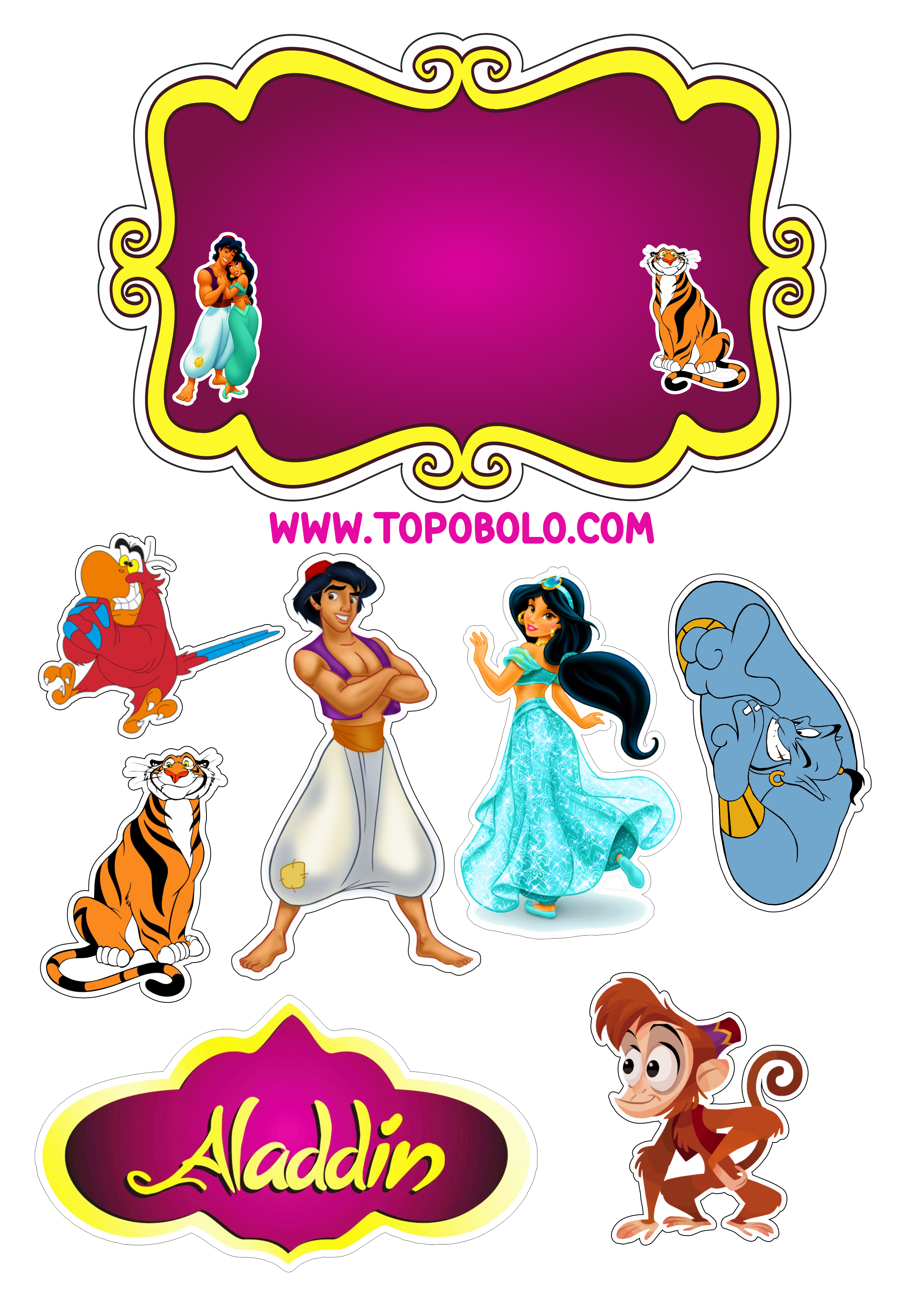 Aladdin e princesa Jasmine Disney topo de bolo festa de aniversário infantil Abu Iago Rajah desenho infantil artes gráficas design png