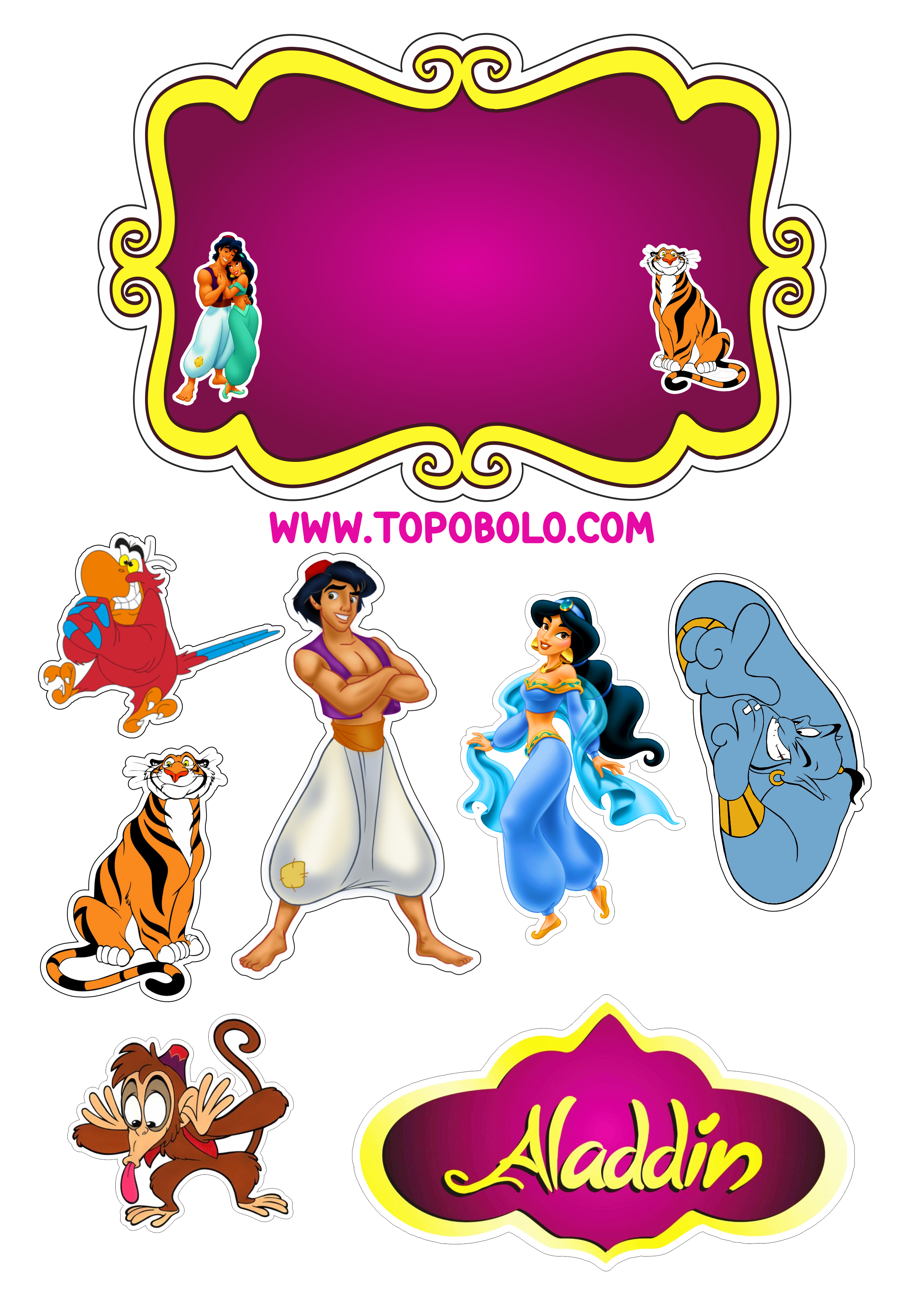 Aladdin e princesa Jasmine Disney topo de bolo festa de aniversário infantil Abu Iago Rajah desenho infantil designer grátis png