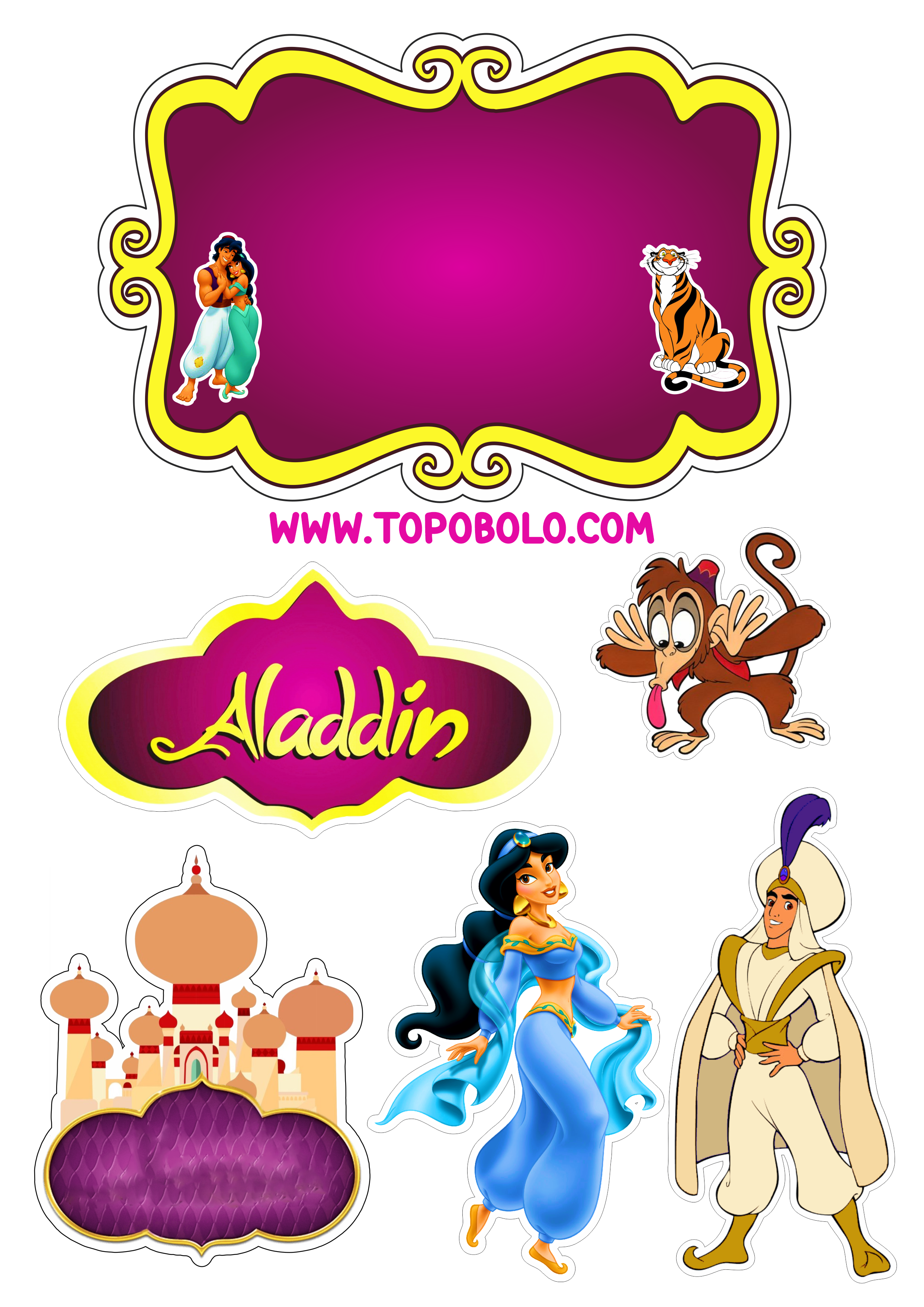 Aladdin e princesa Jasmine Disney topo de bolo festa de aniversário infantil Abu Iago Rajah desenho infantil decoração png