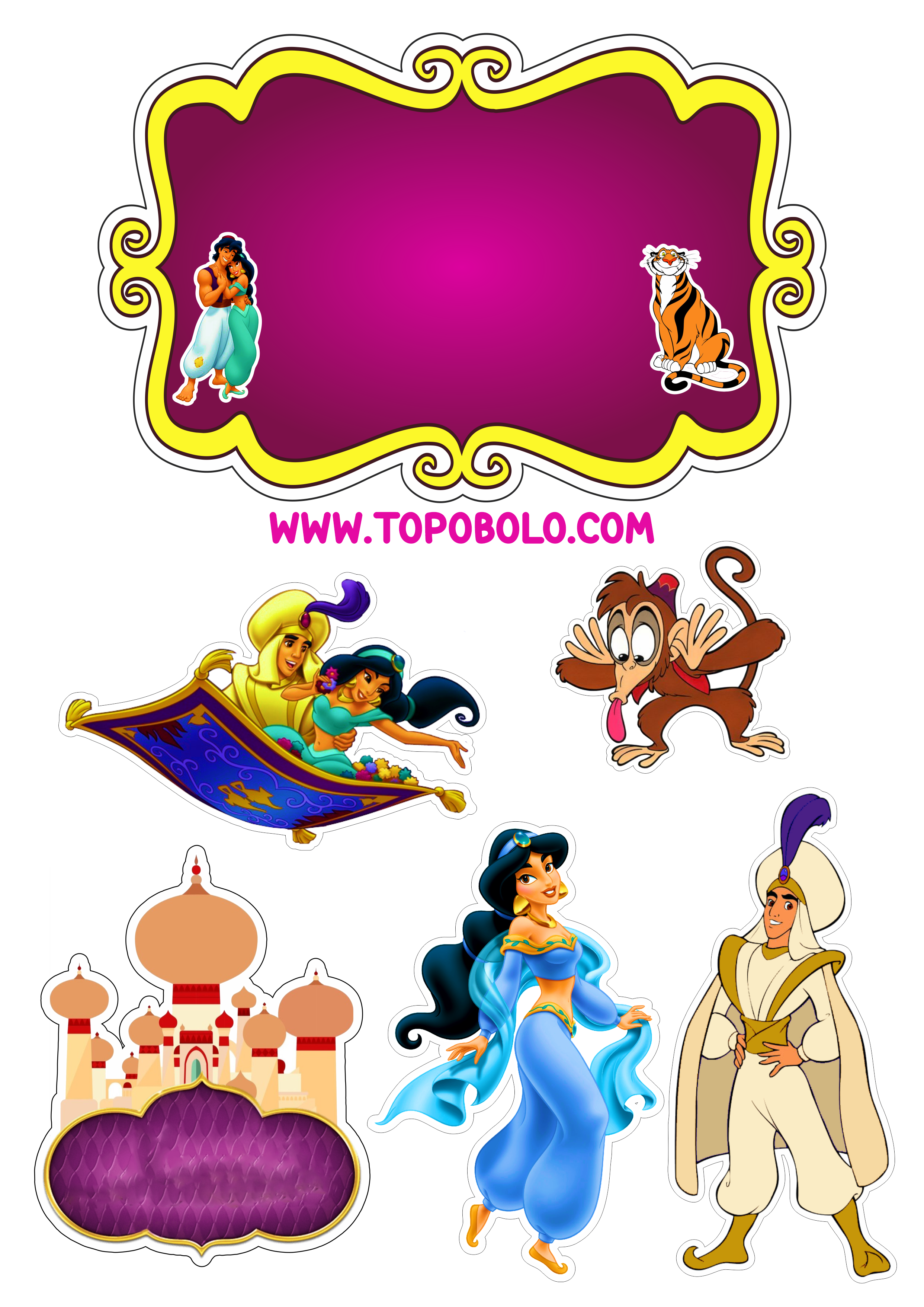 Aladdin e princesa Jasmine Disney topo de bolo grátis png