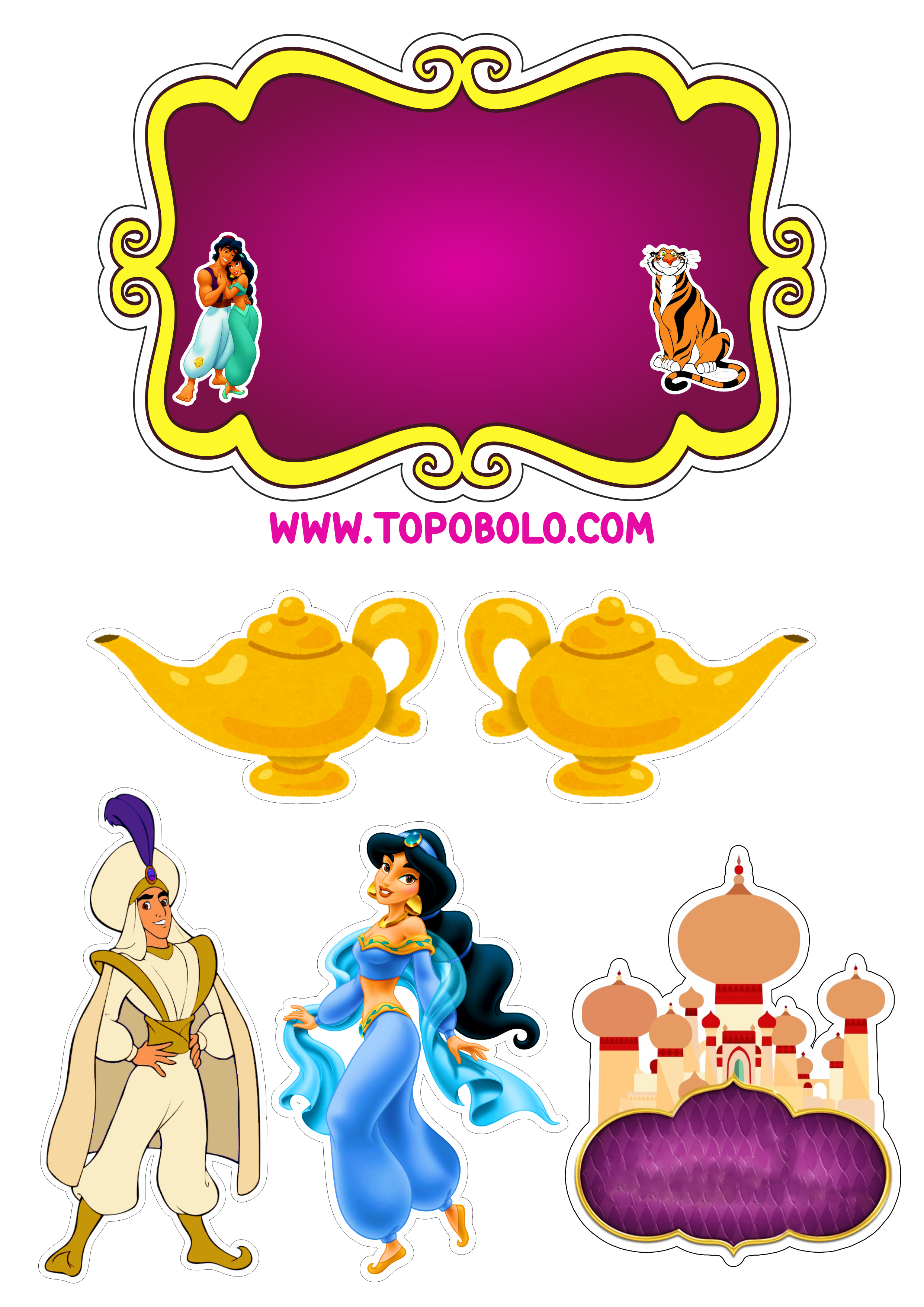 Aladdin e princesa Jasmine Disney topo de bolo grátis para imprimir decoração png