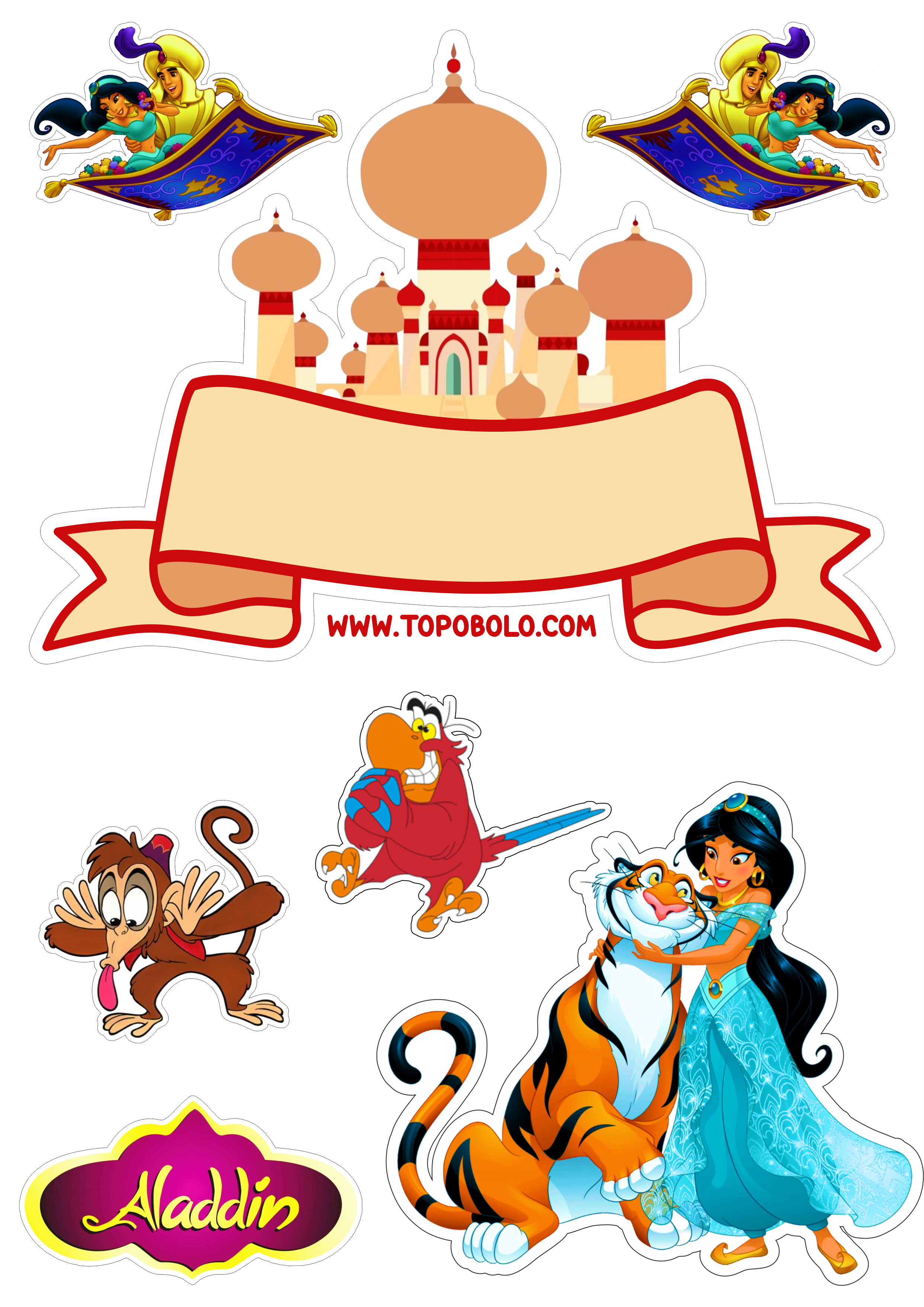 Aladdin e princesa Jasmine Disney topo de bolo festa de aniversário infantil Abu Iago Rajah png