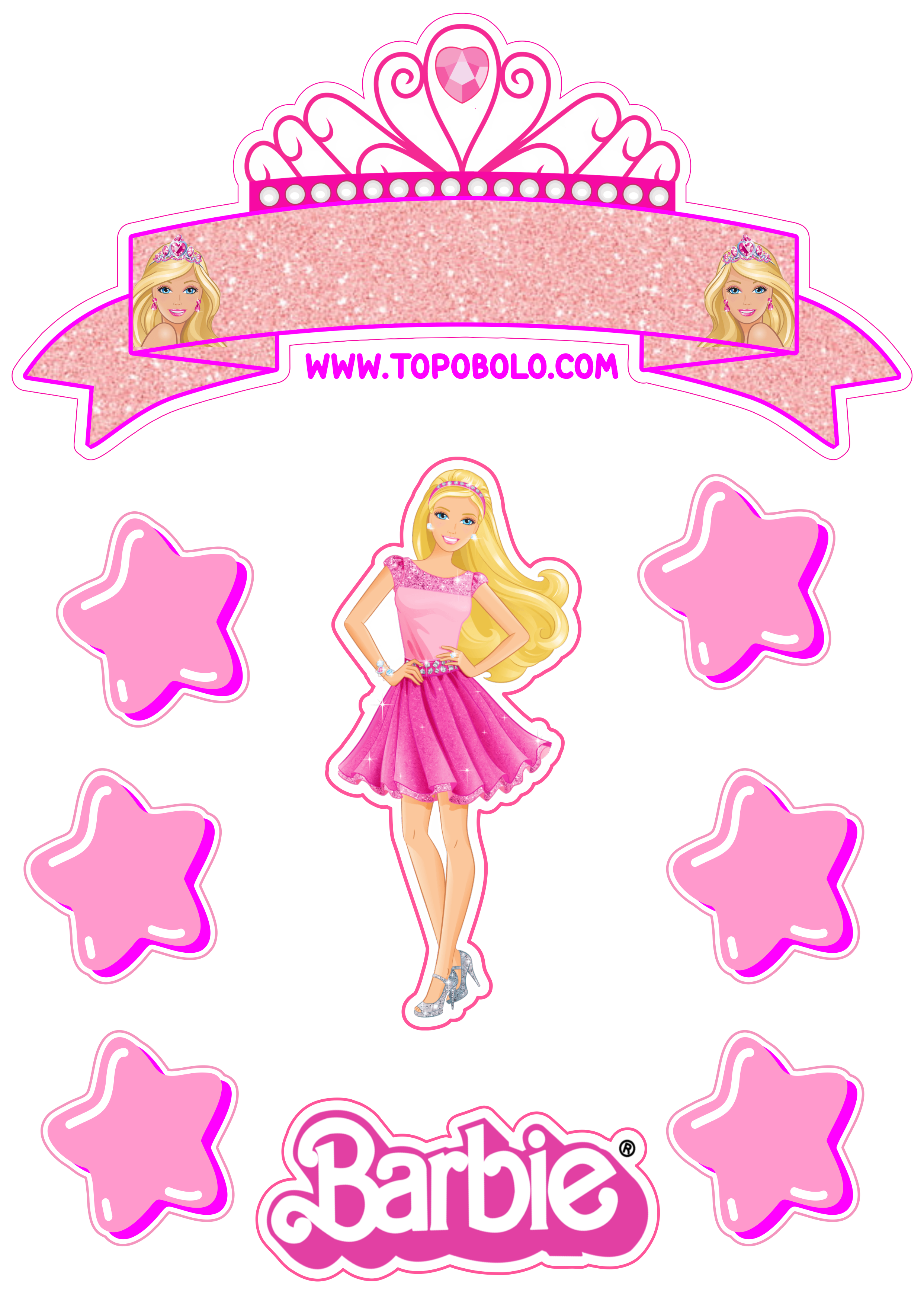 Topo de bolo para imprimir boneca Barbie festa de aniversário rosa menina estrelas png