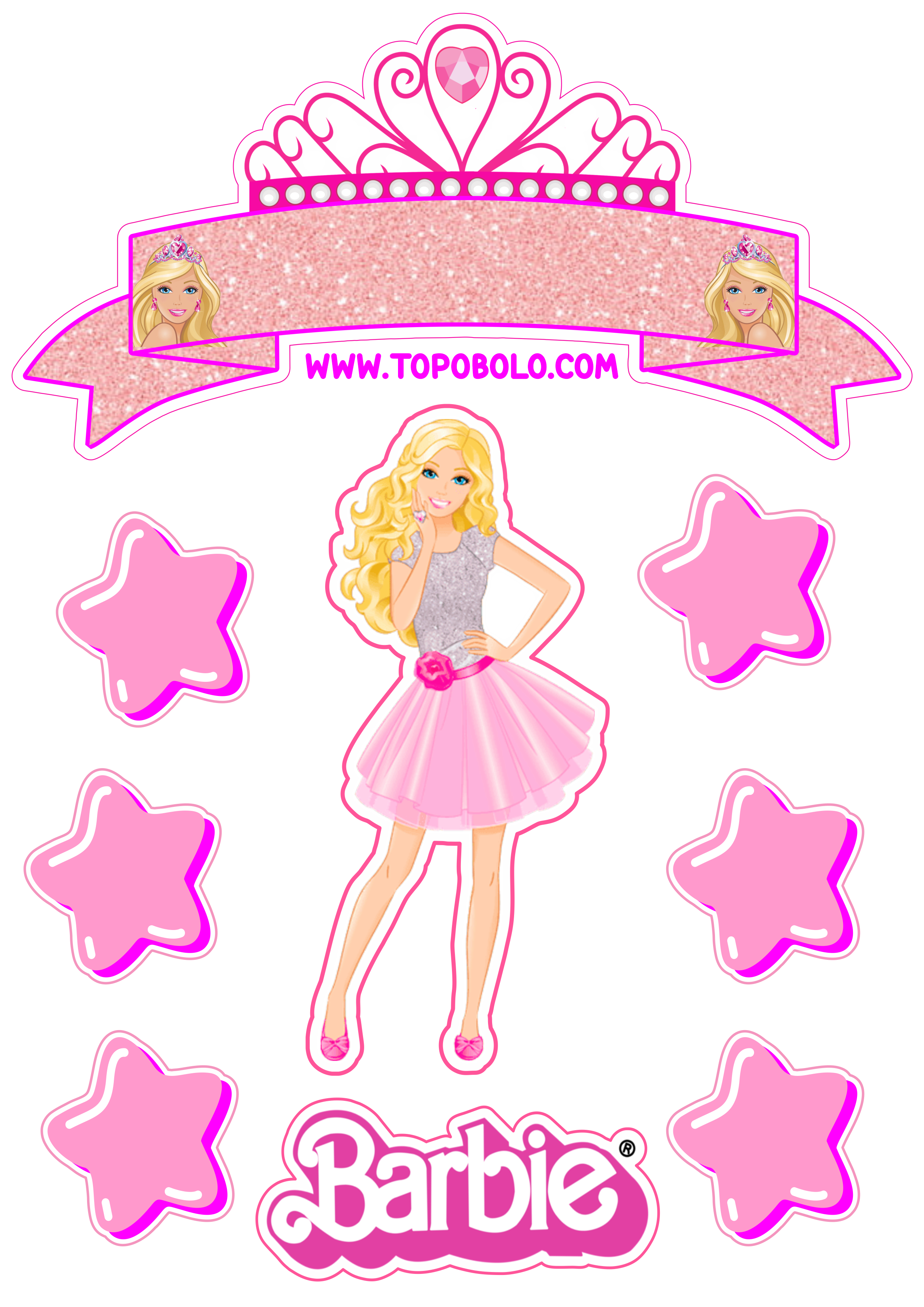 Topo de bolo para imprimir boneca Barbie festa de aniversário rosa menina estrelas papelaria criativa png