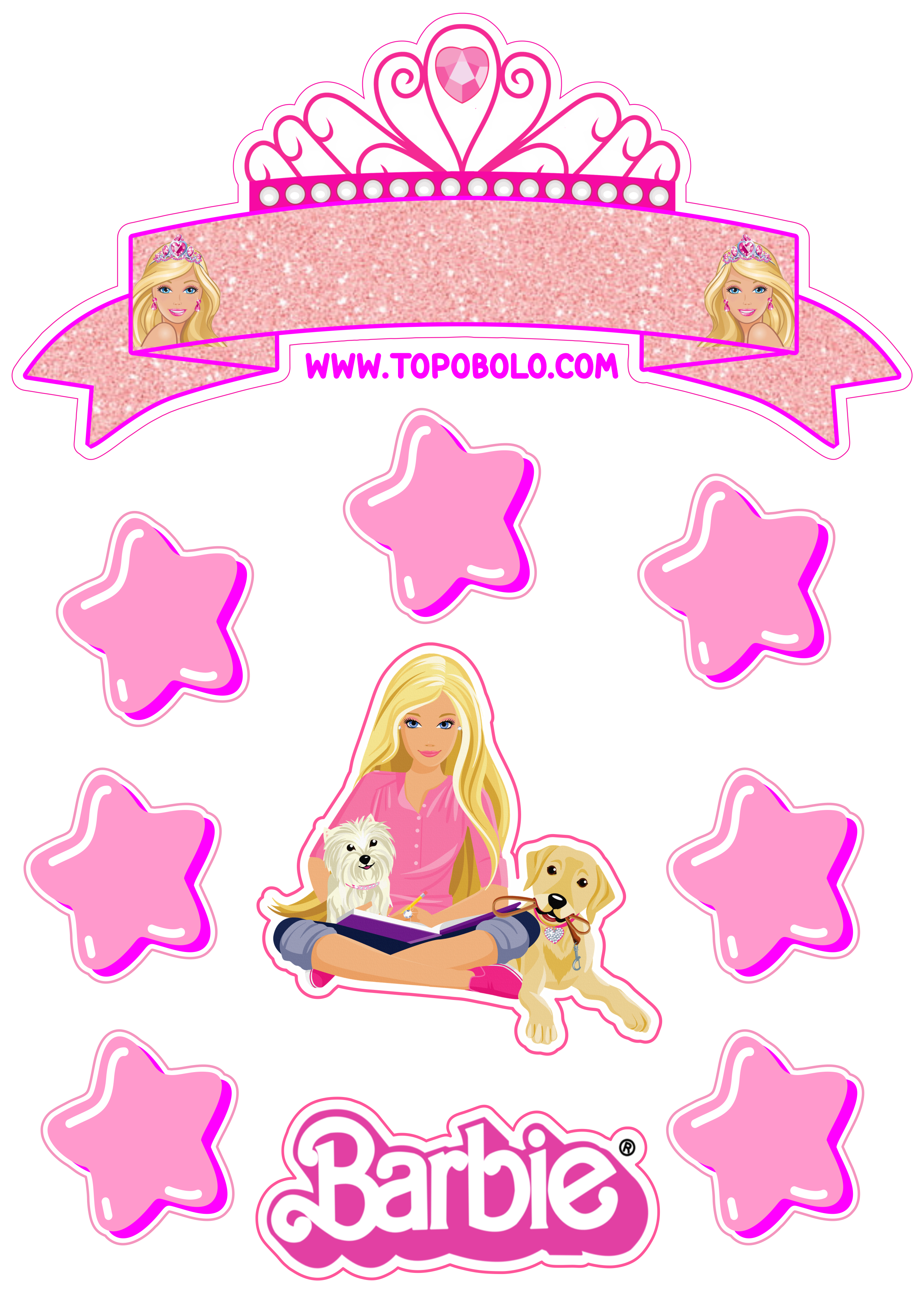 Topo de bolo para imprimir boneca Barbie festa de aniversário rosa menina estrelas papelaria criativa personalizado png
