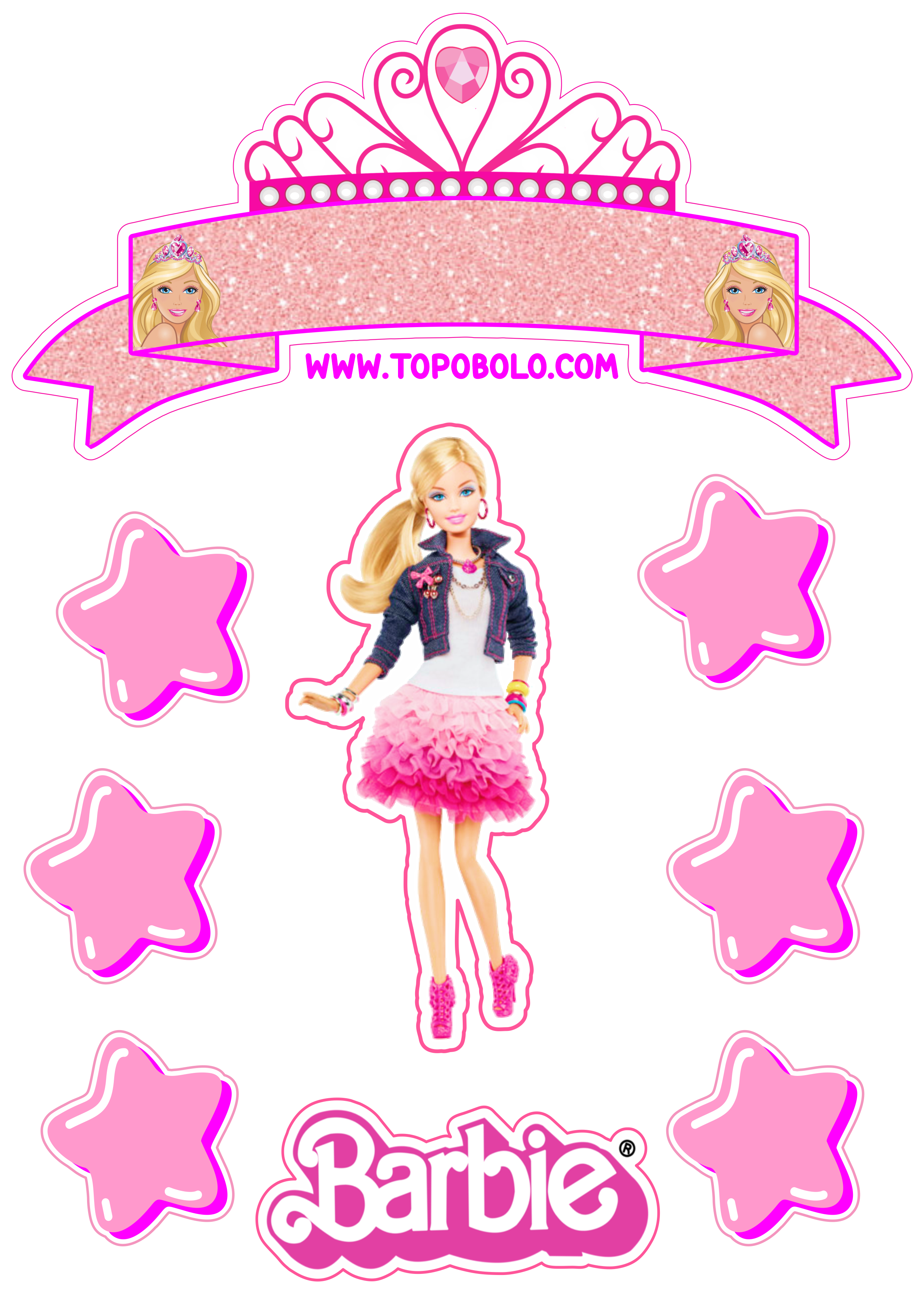 Topo de bolo para imprimir boneca Barbie festa de aniversário rosa menina estrelas papelaria criativa personalizado fazendo a nossa festa png