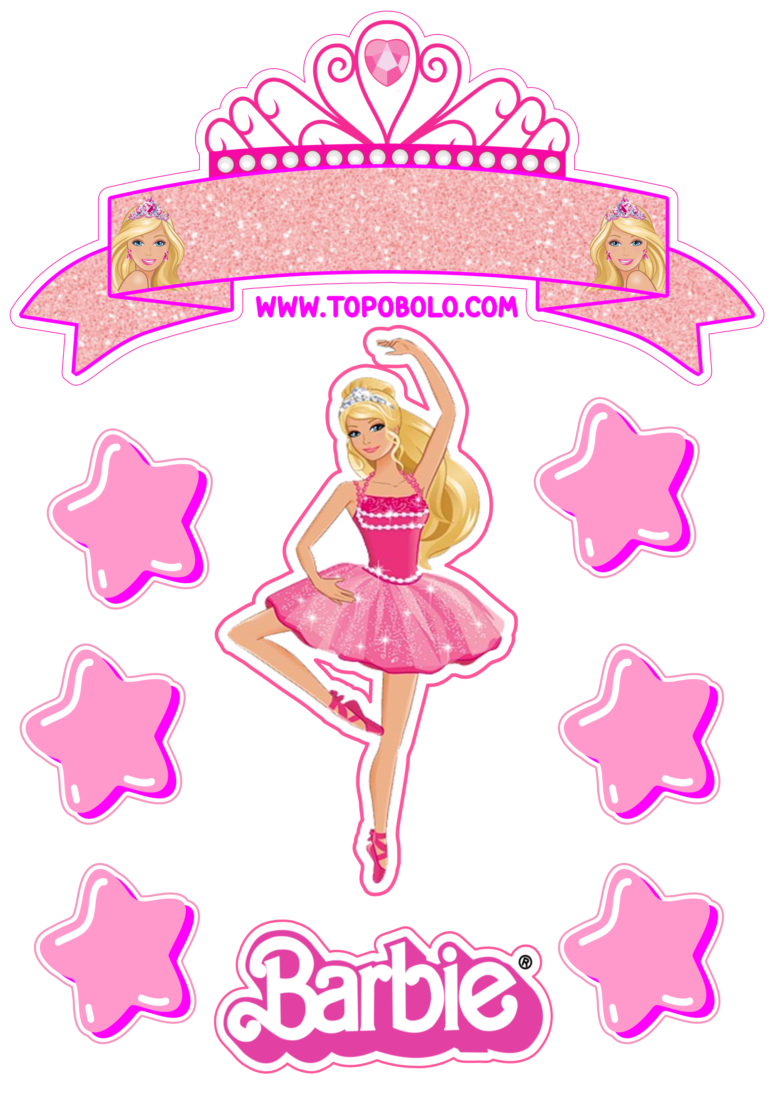 Topo de bolo para imprimir boneca Barbie festa de aniversário rosa menina estrelas papelaria criativa personalizado hora da festa png