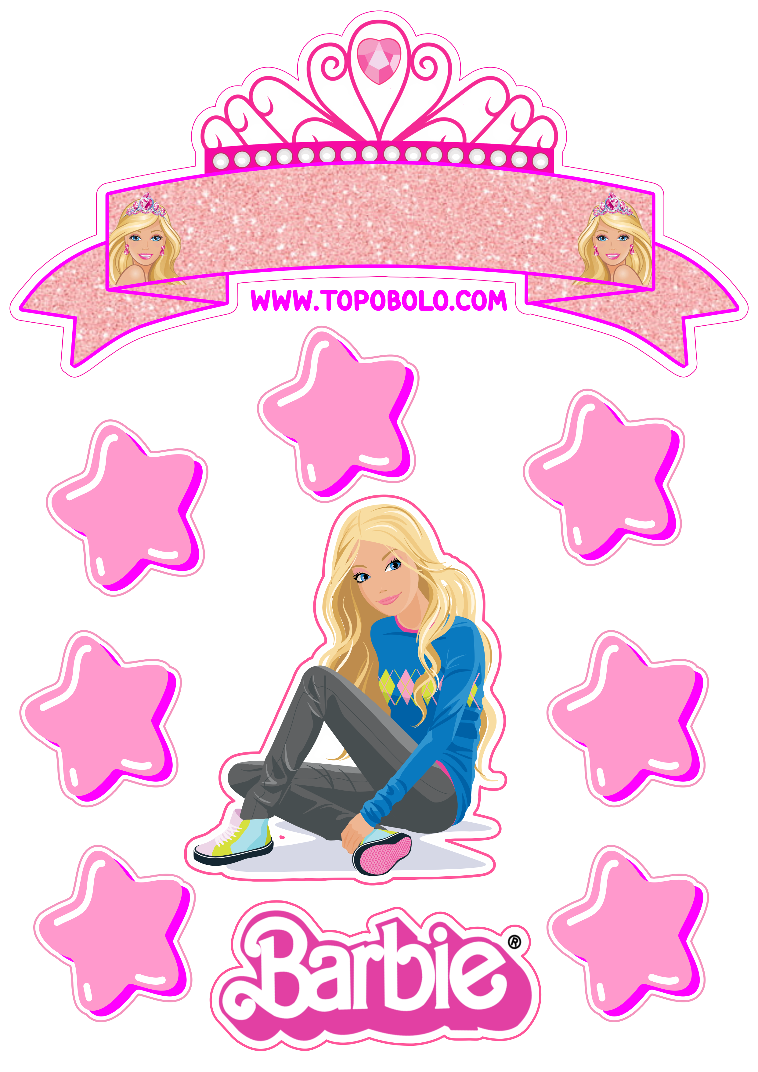 Topo de bolo para imprimir boneca Barbie festa de aniversário rosa menina estrelas papelaria criativa personalizado artes gráficas png