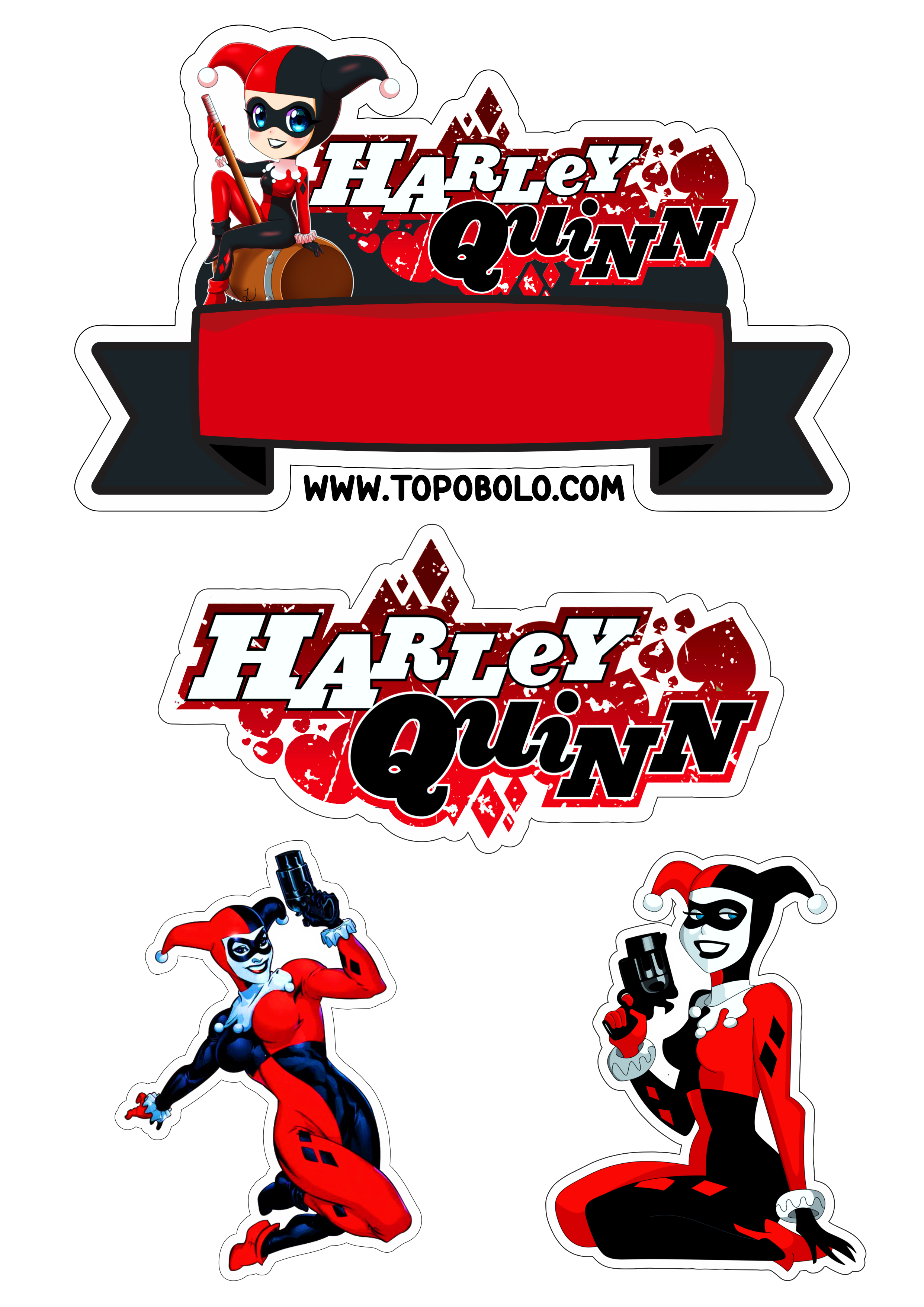 Arlequina decoração de aniversário topo de bolo para imprimir Harley Quinn dc comics hora da festa png image personalizados renda extra