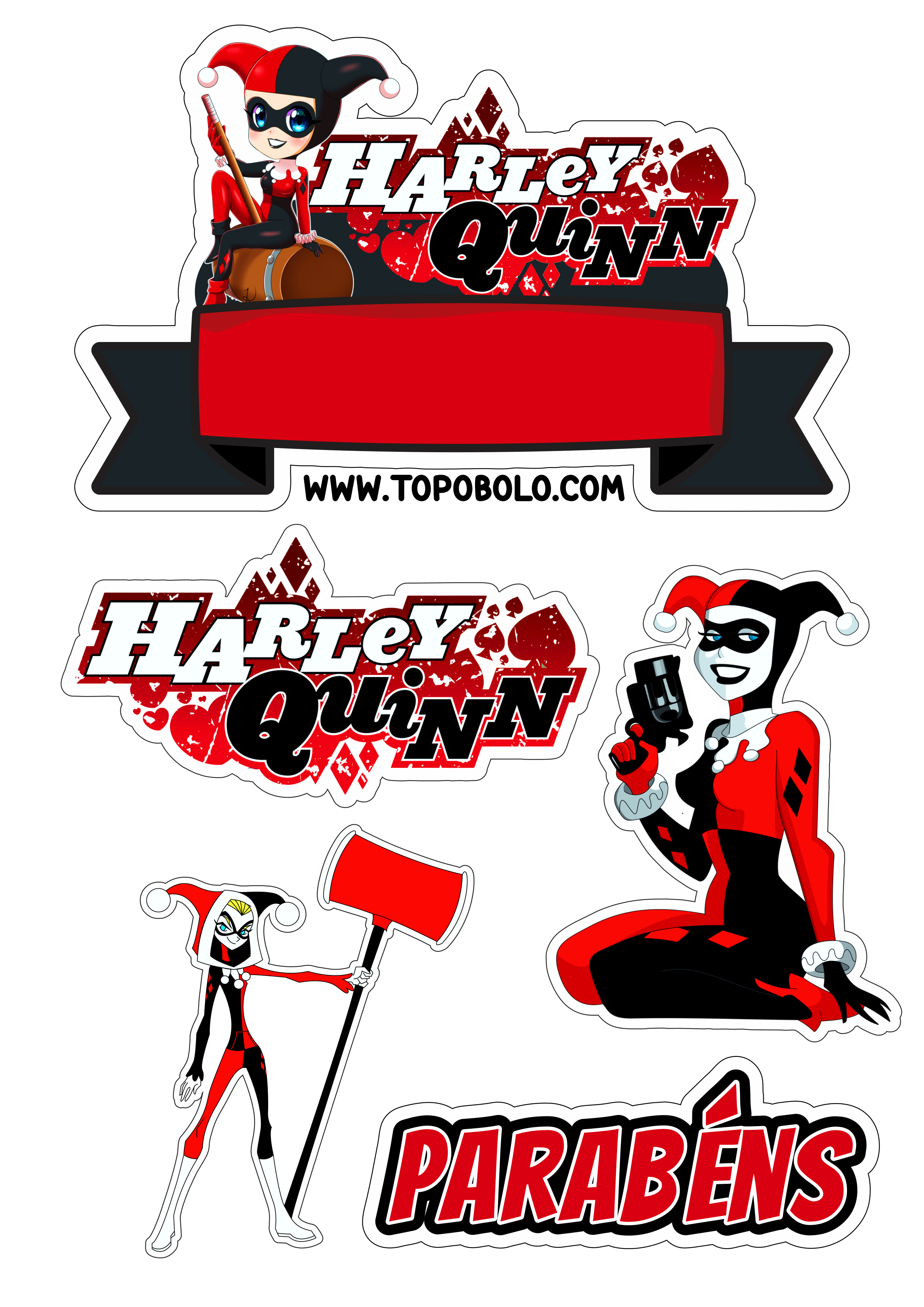 Arlequina decoração de aniversário topo de bolo para imprimir Harley Quinn dc comics artpoin png image personalizados renda extra