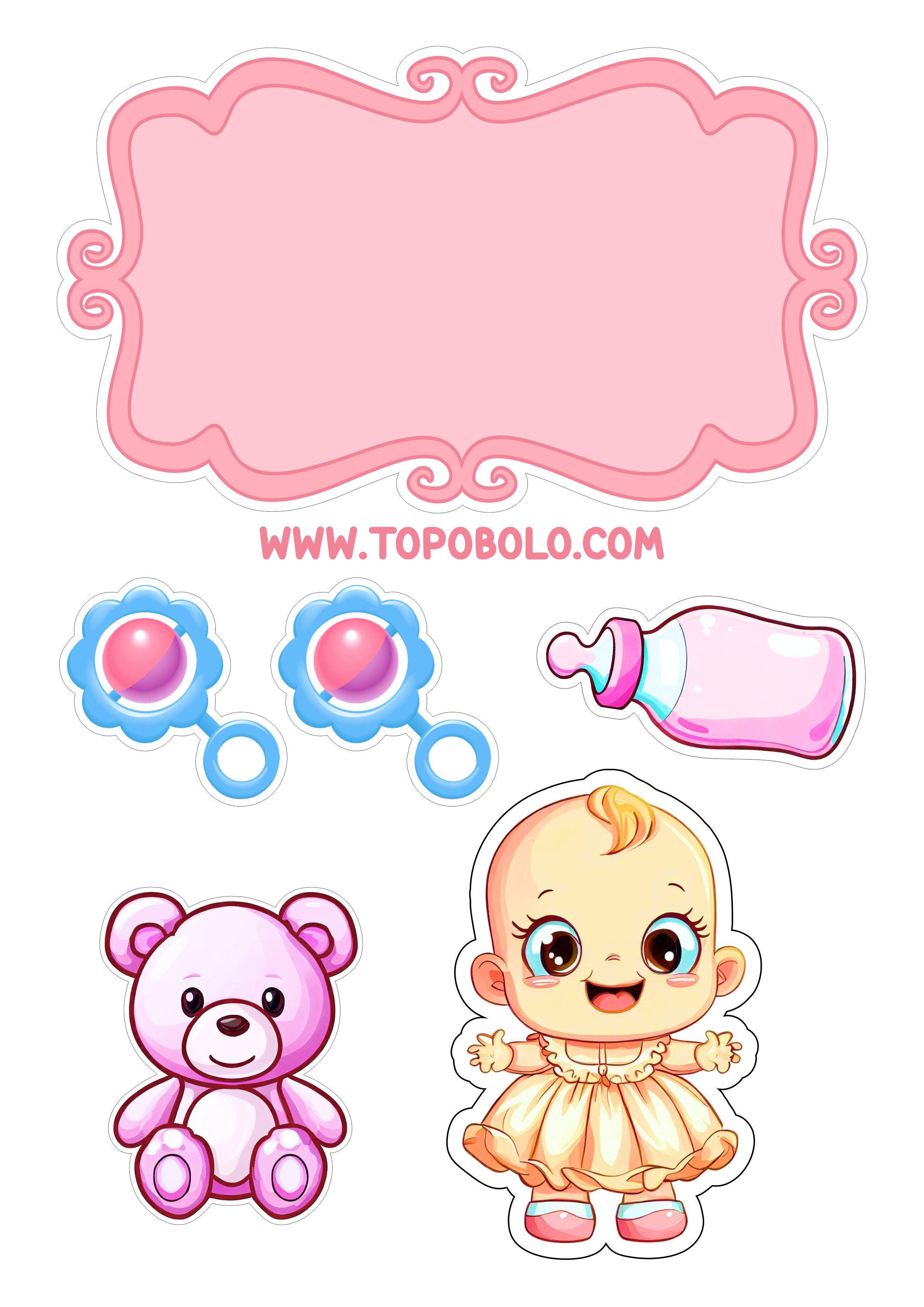 Mesversário menina topo de bolo para imprimir chá de bebê rosa artes gráficas mamadeiras ursinho de pelúcia png image
