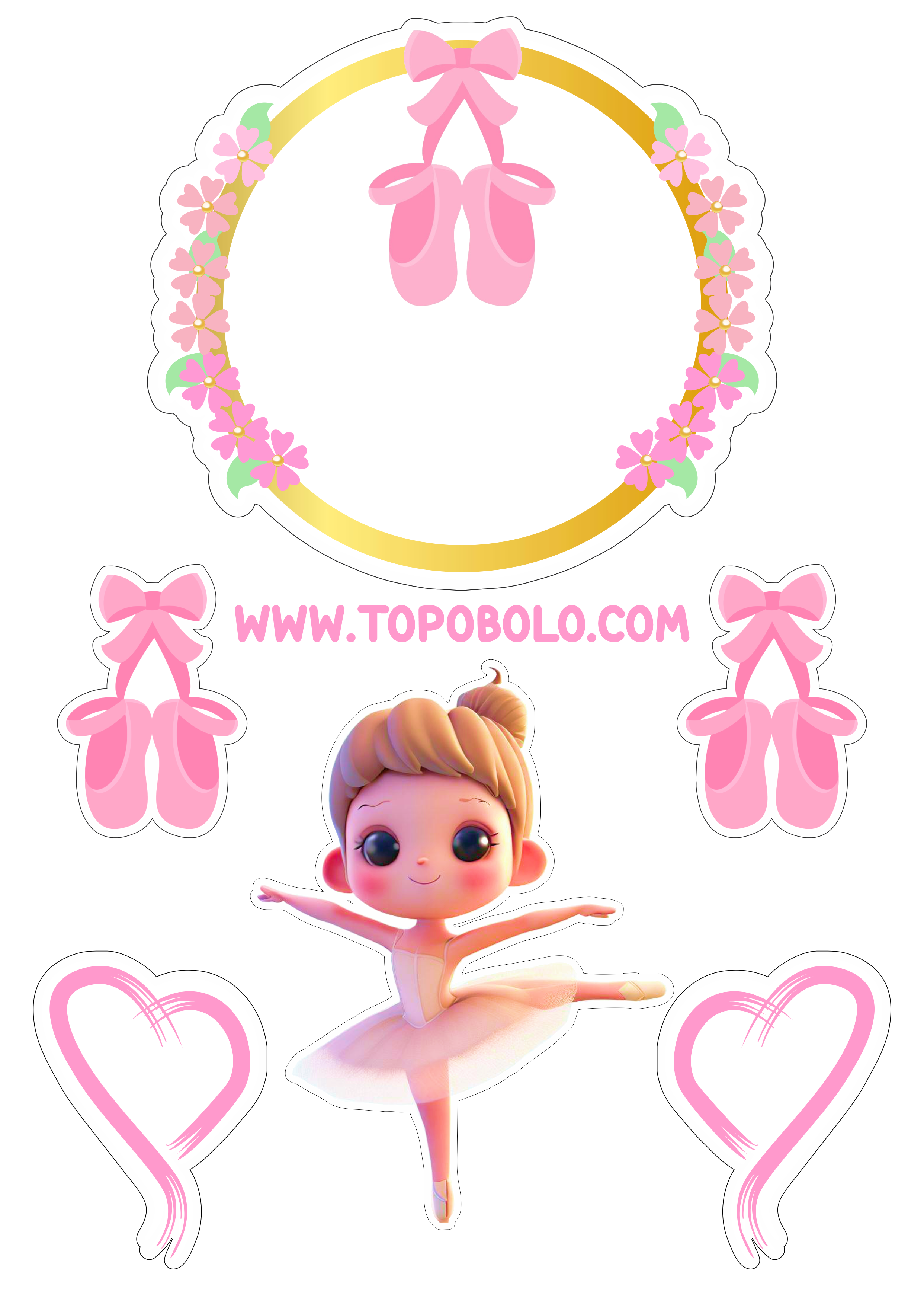 Bailarina topo de bolo aniversário menina decoração rosa com corações png