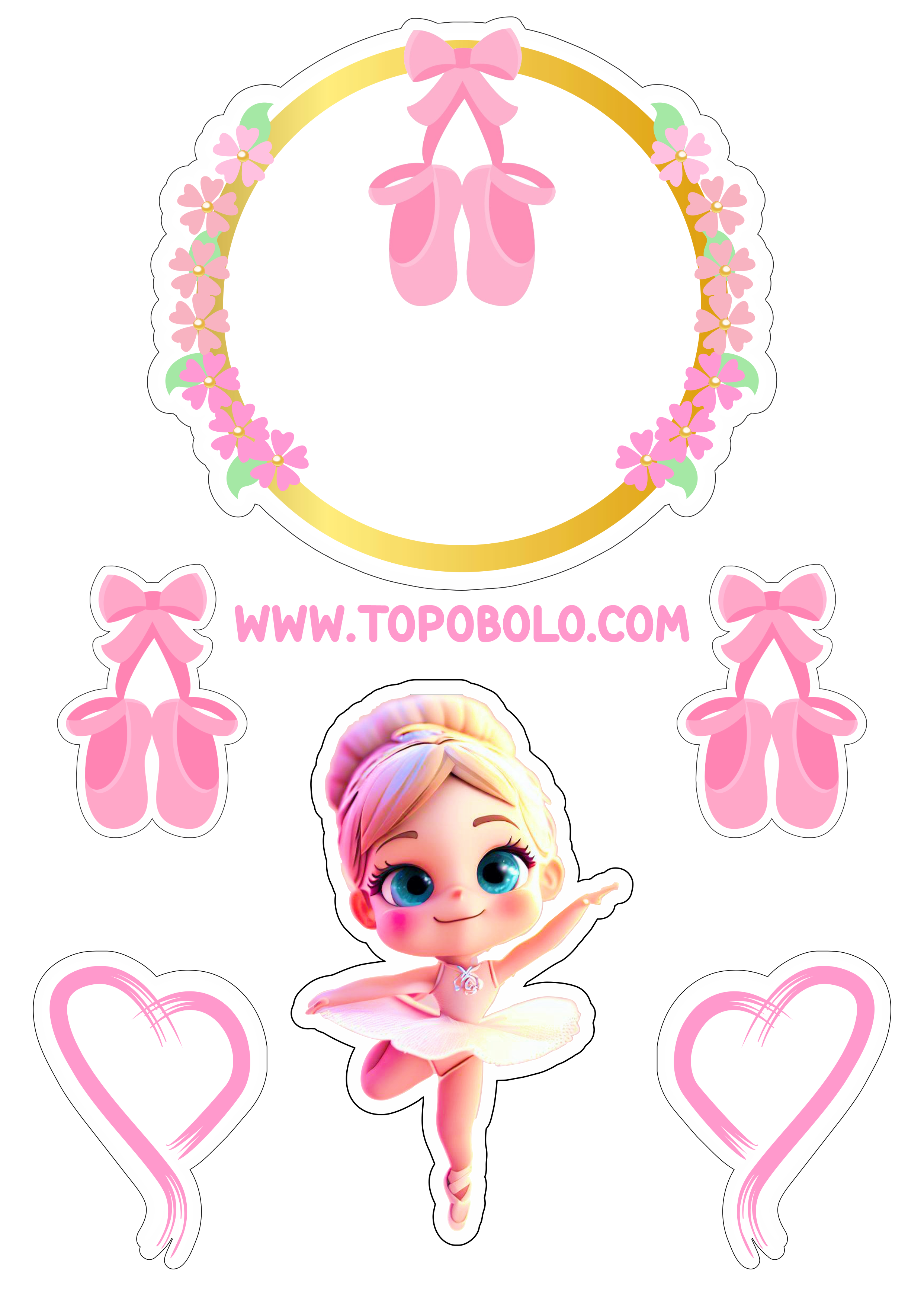 Bailarina topo de bolo aniversário menina decoração rosa com corações boneca fofinha png