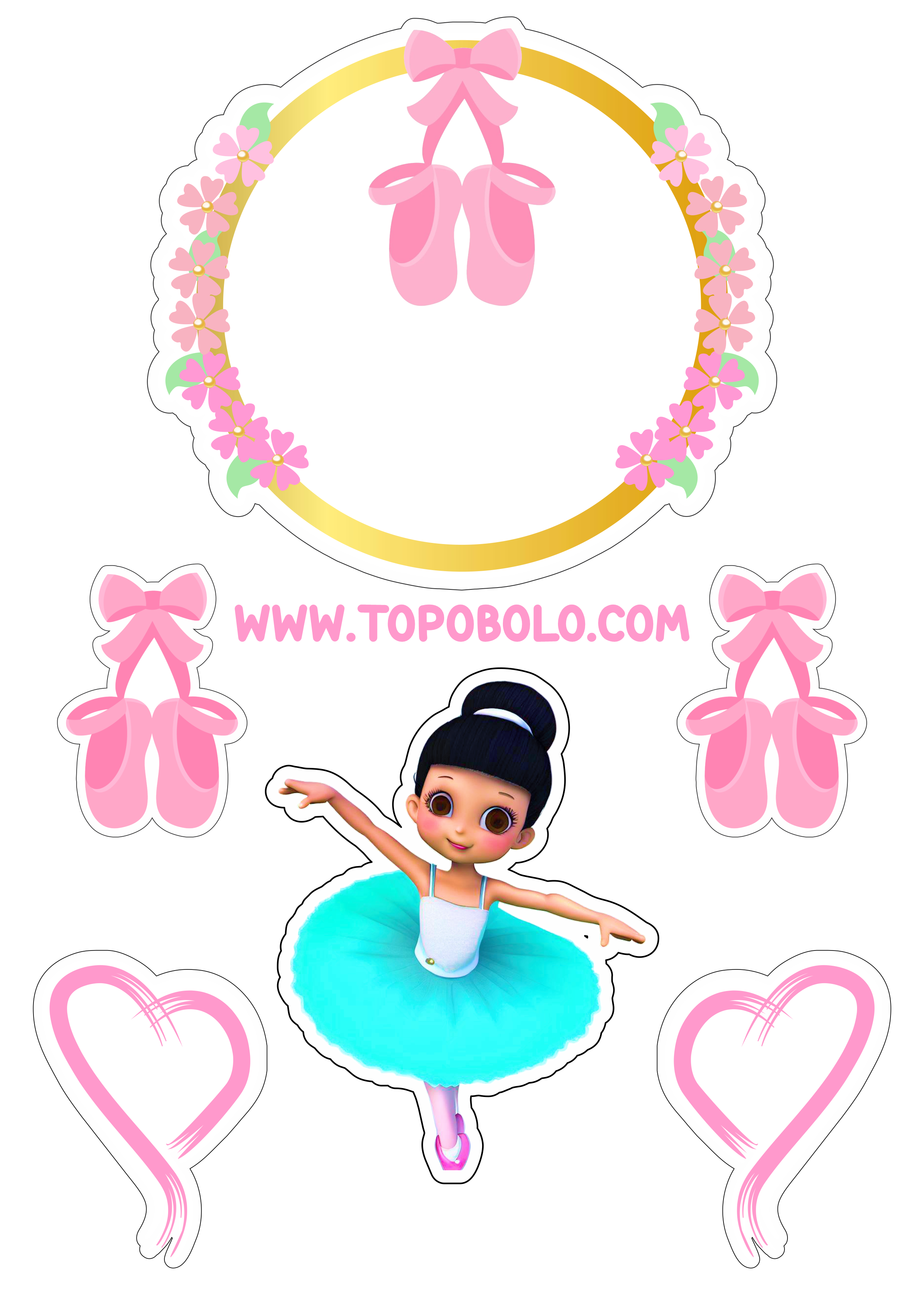 Bailarina topo de bolo aniversário menina decoração rosa com corações boneca fofinha bolo personalizado png