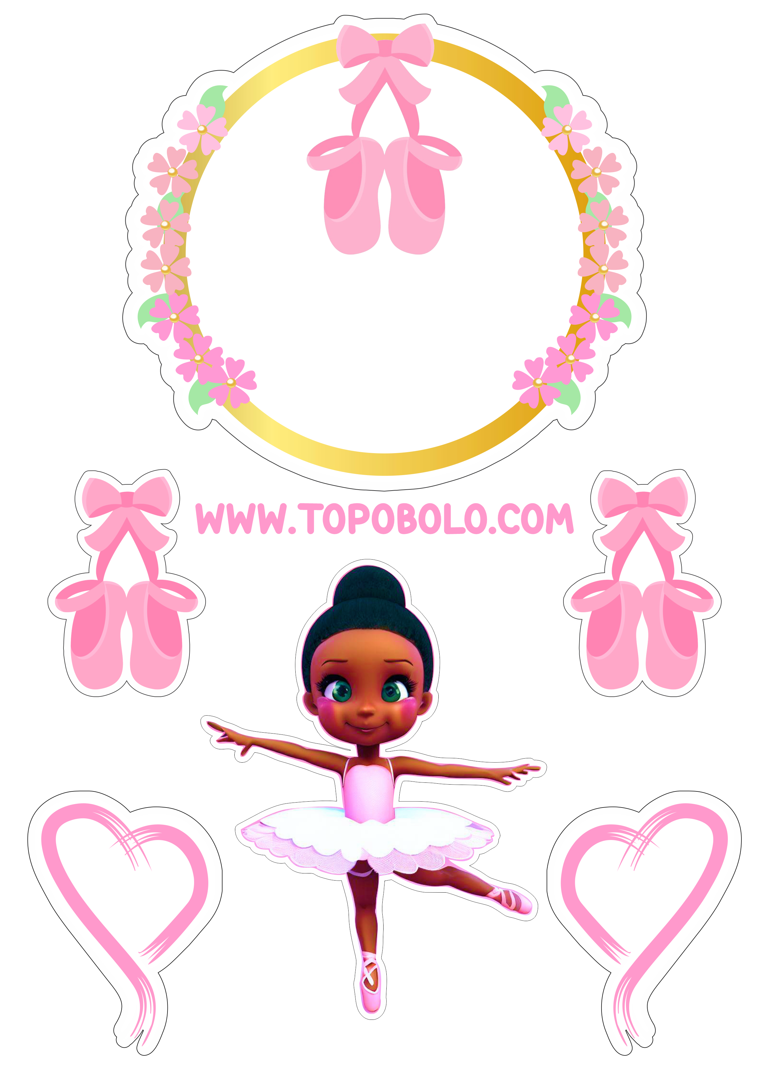 Bailarina topo de bolo aniversário menina decoração rosa com corações boneca fofinha bolo personalizado png image
