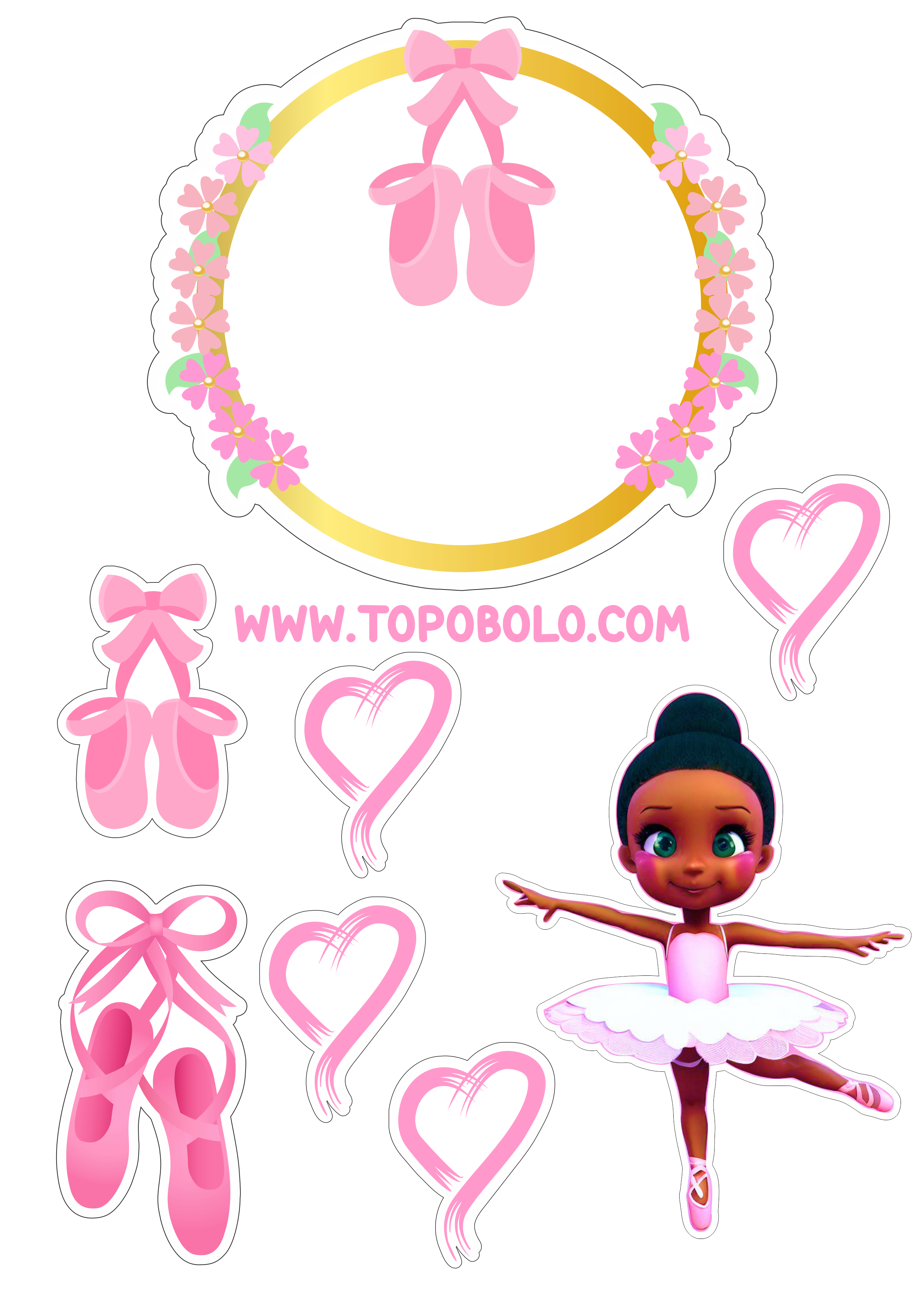 Bailarina topo de bolo aniversário menina rosa com corações boneca fofinha bolo personalizado png image