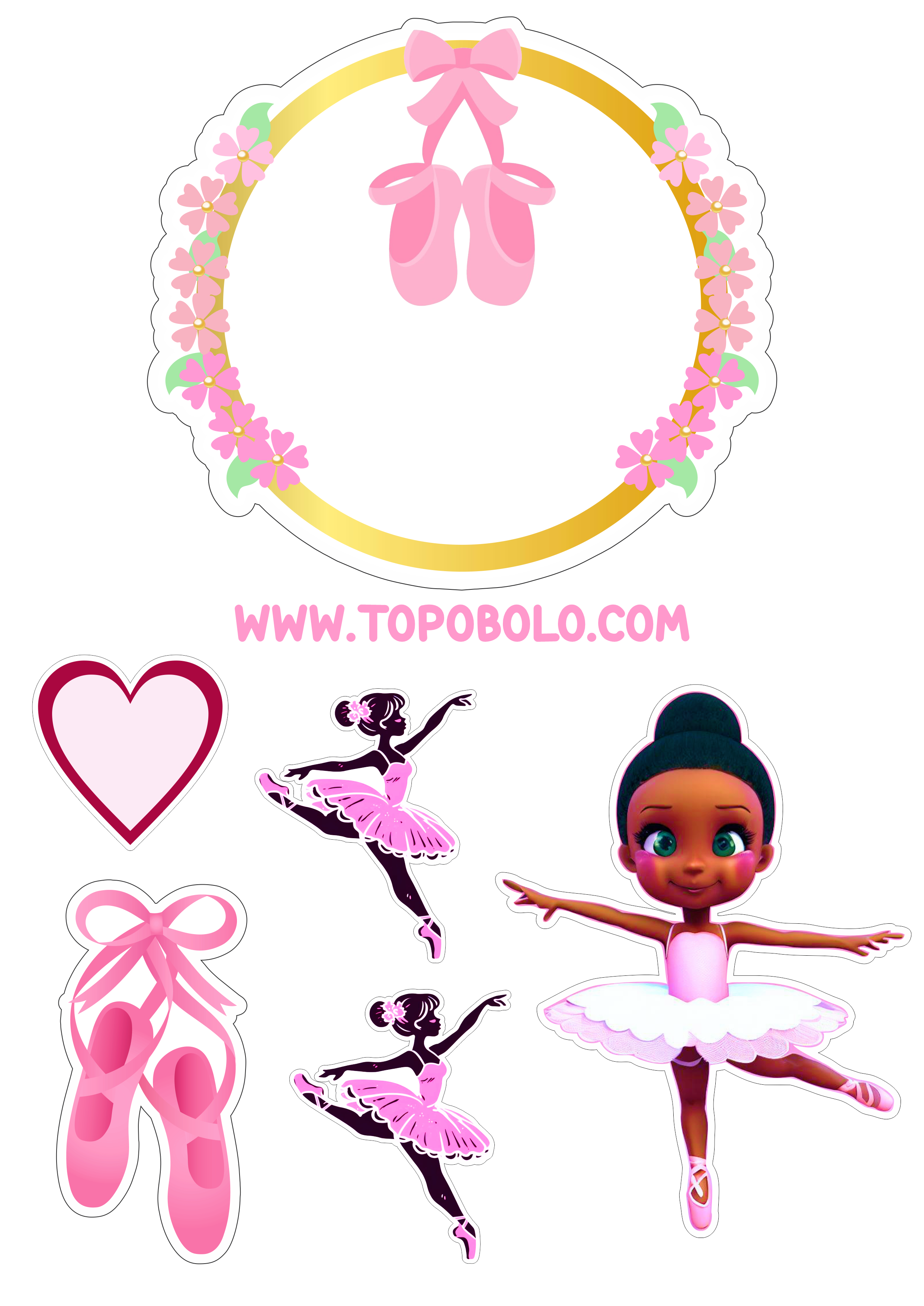 Bailarina topo de bolo aniversário menina rosa com corações boneca fofinha bolo personalizado png image papelaria