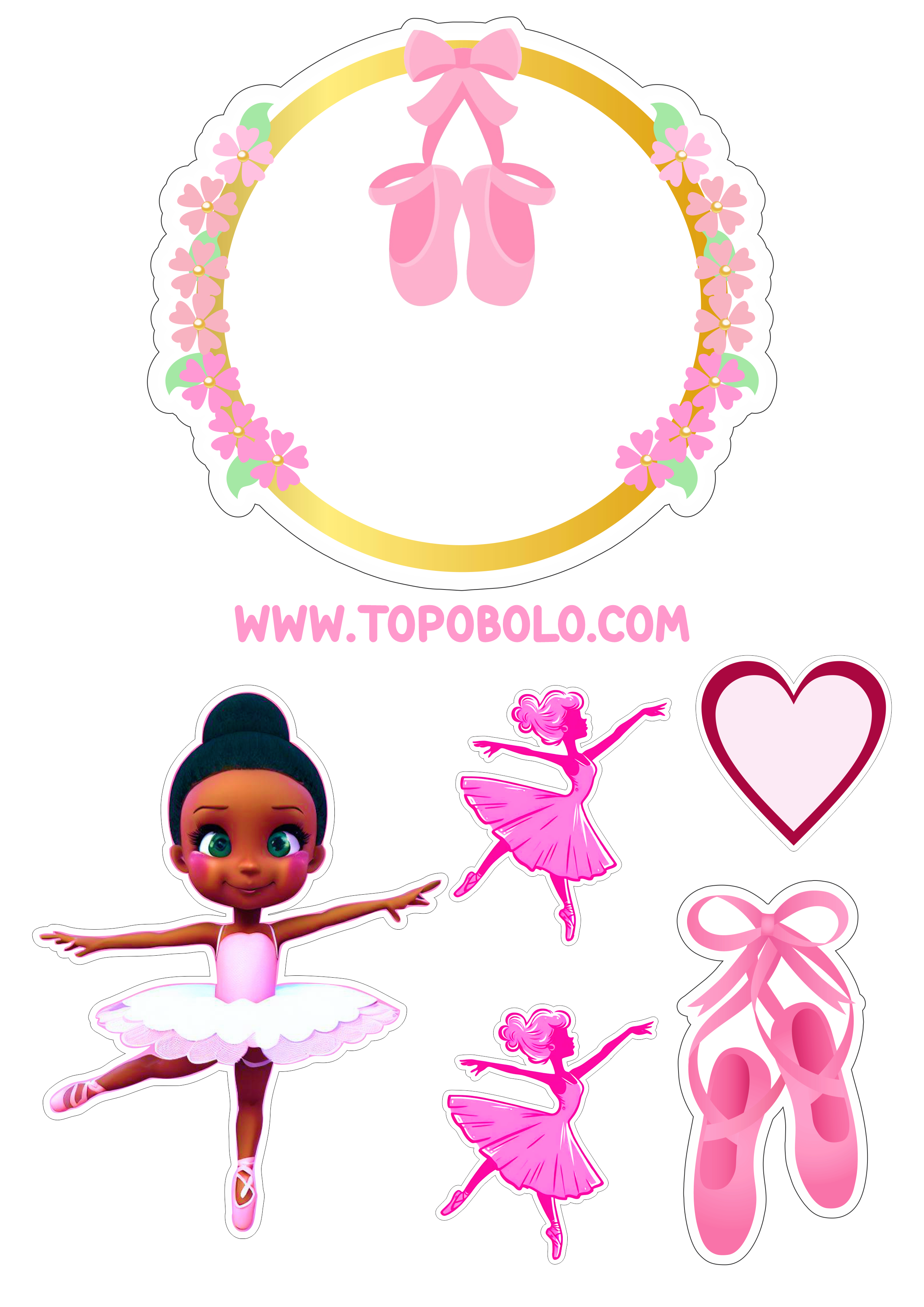 Bailarina topo de bolo aniversário menina rosa com corações boneca fofinha bolo personalizado png image papelaria criativa