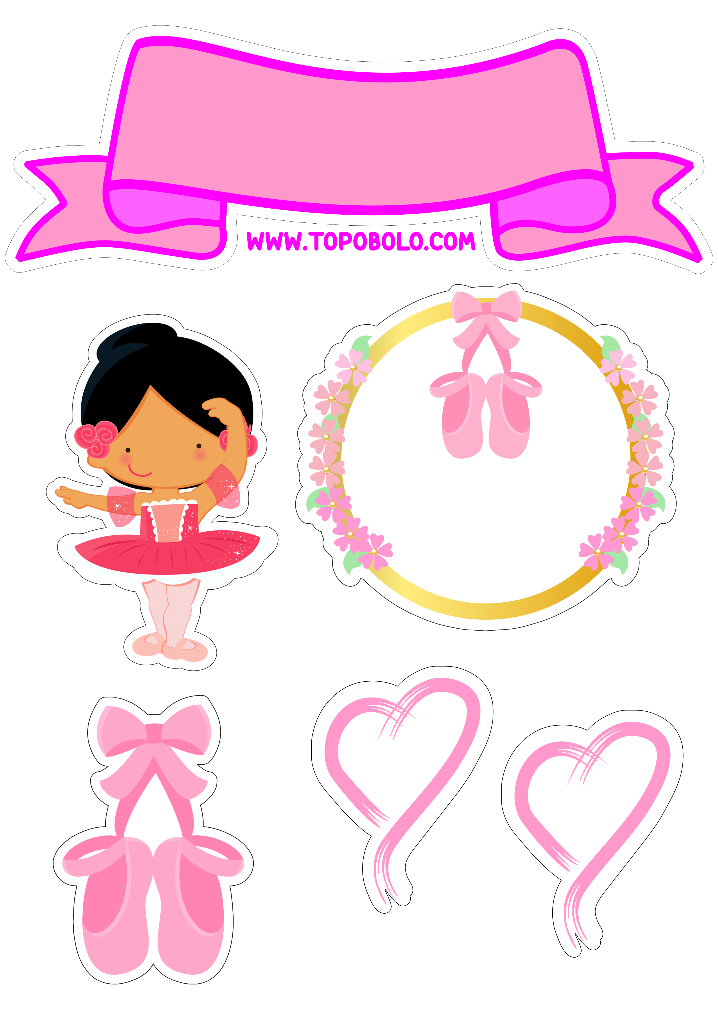 Bailarina rosa topo de bolo para imprimir aniversário de menina festa personalizada sapatilhas e corações png