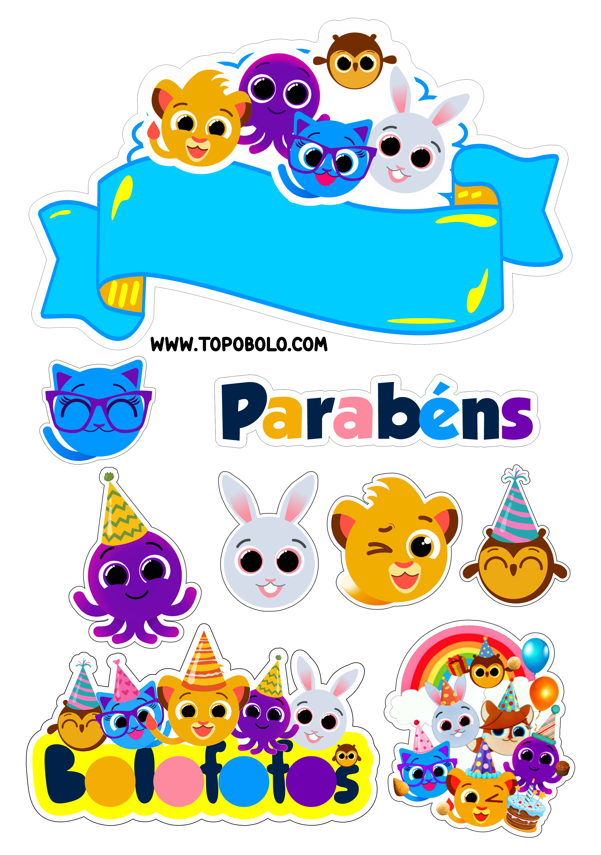 Bolofofos desenho infantil topo de bolo para imprimir com balões decoração de festa infantil png