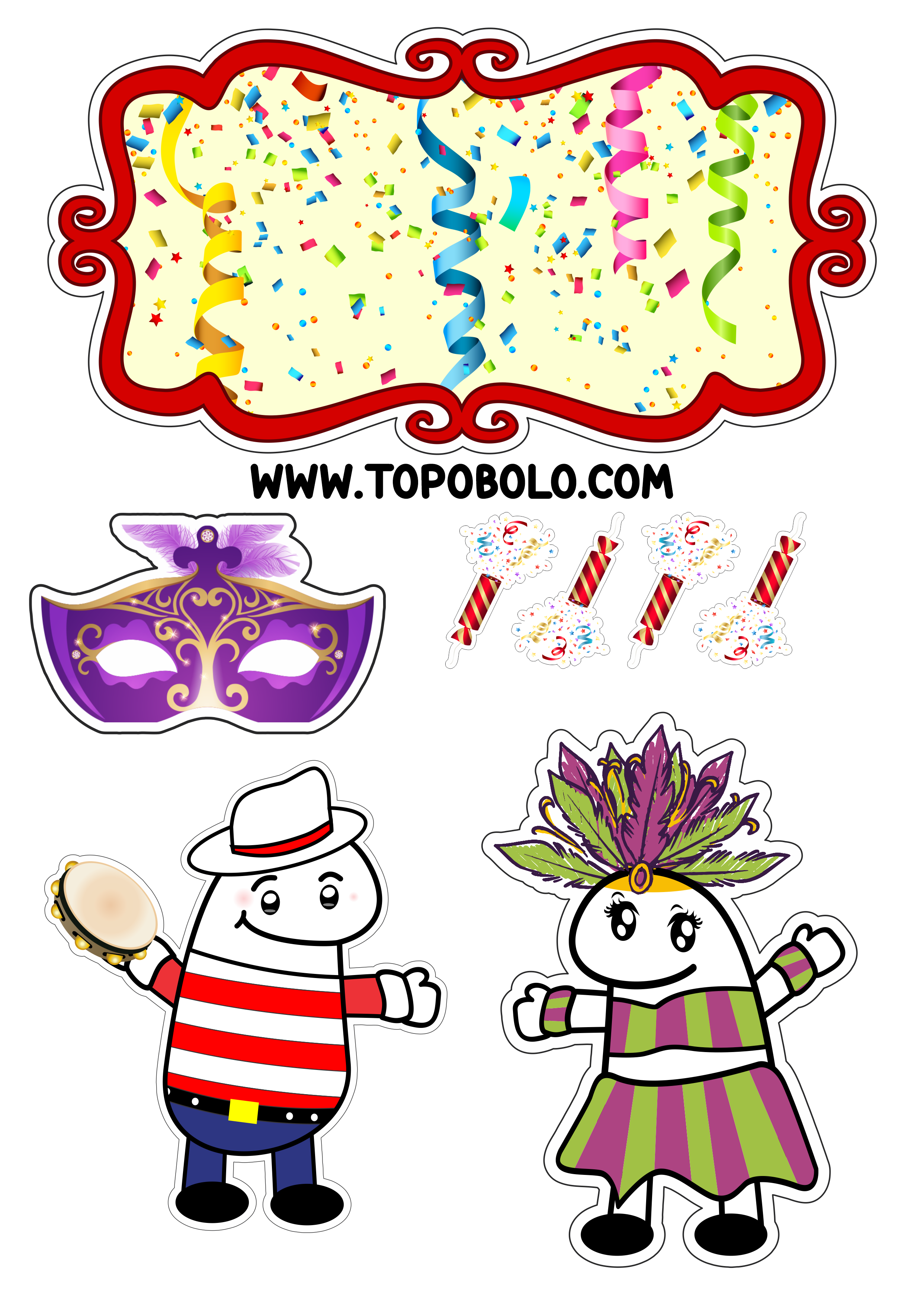 Carnaval topo de bolo flork of cows baile de máscaras figurinhas engraçadas folia festa decoração png