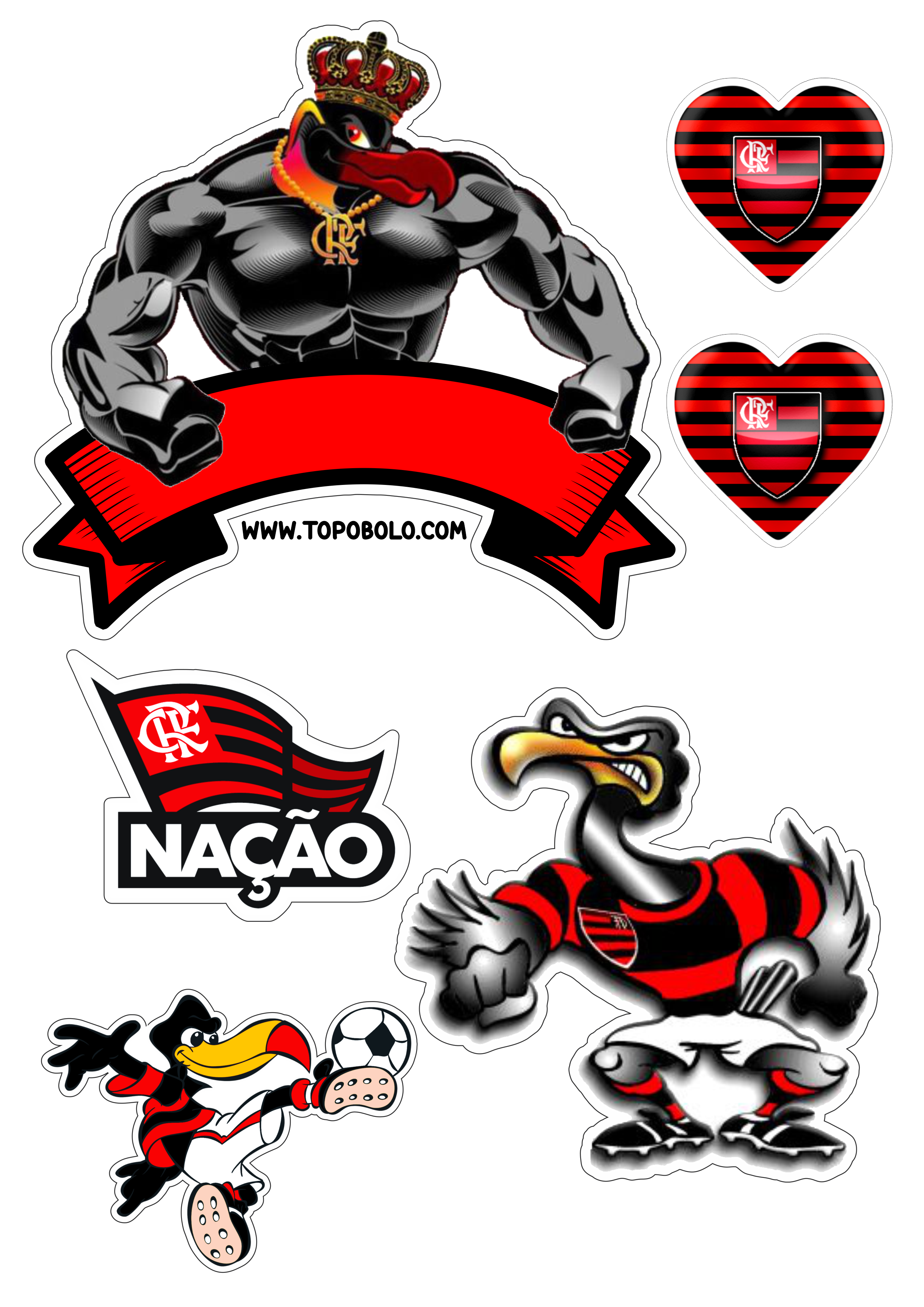 Flamengo futebol clube topo de bolo decoração de aniversário urubu mascote campeonato carioca coração rubro negro artes gráficas png
